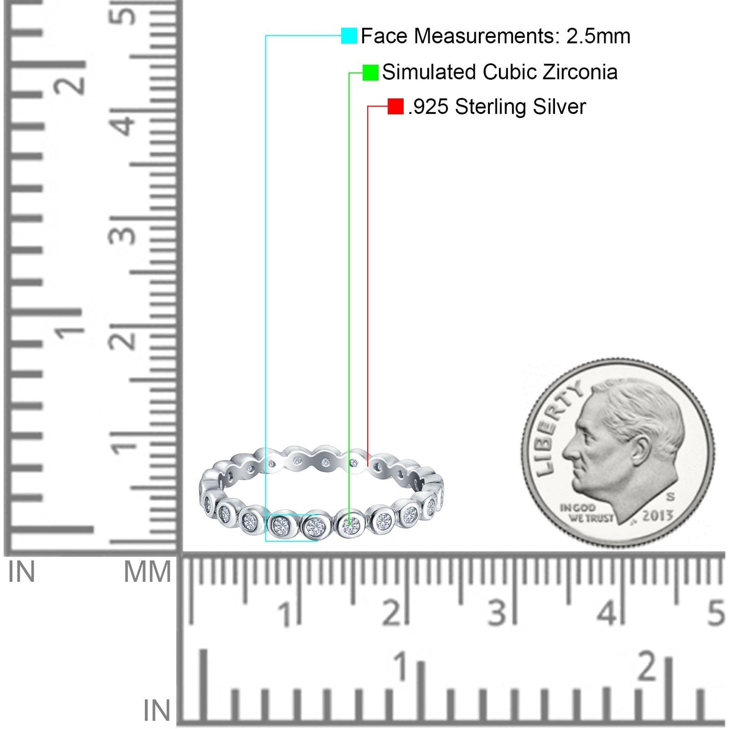 Full Eternity 2.5mm Round Cubic Zirconia Wedding Stackable Band Ring