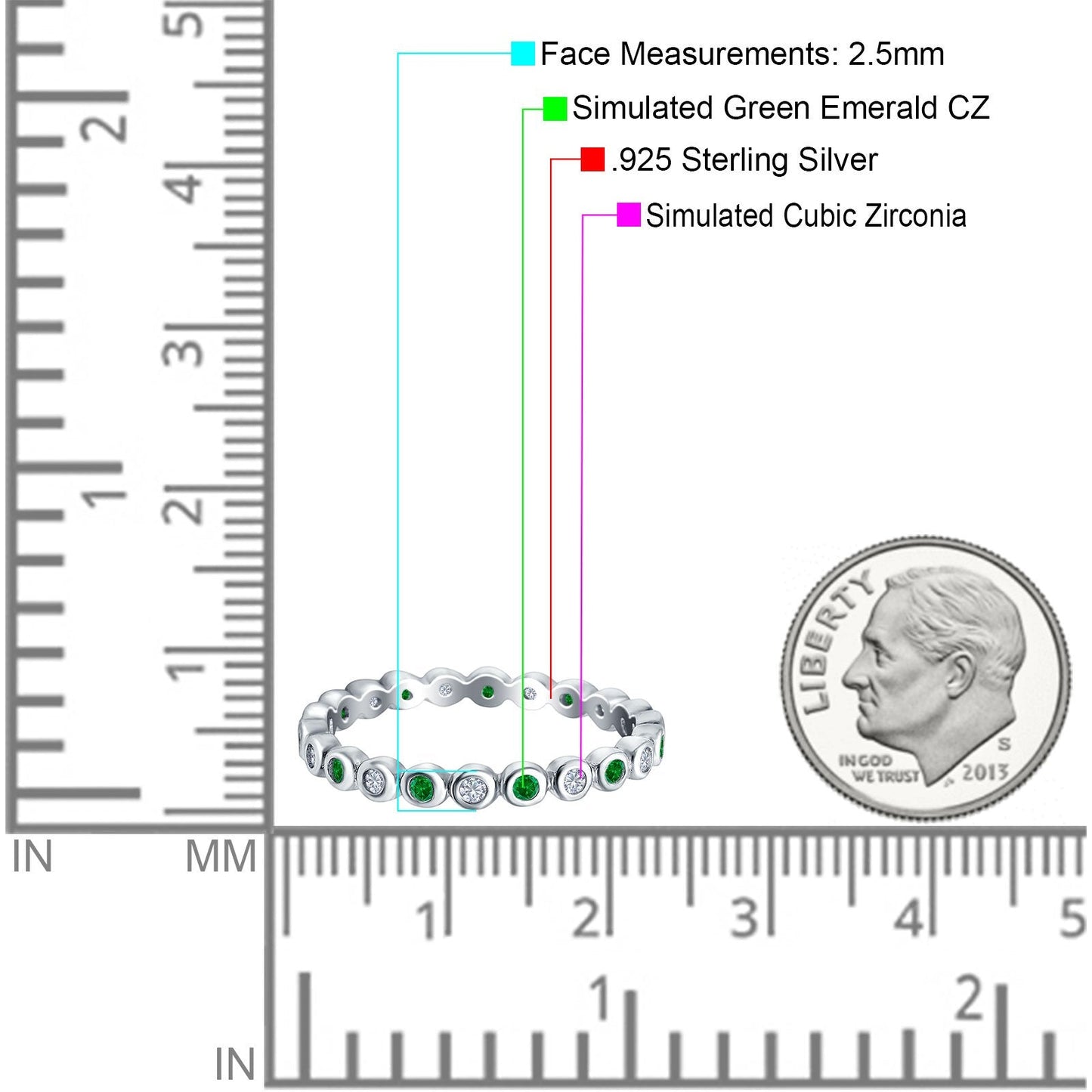 Full Eternity 2.5mm Round Green Emerald CZ Wedding Stackable Band Ring