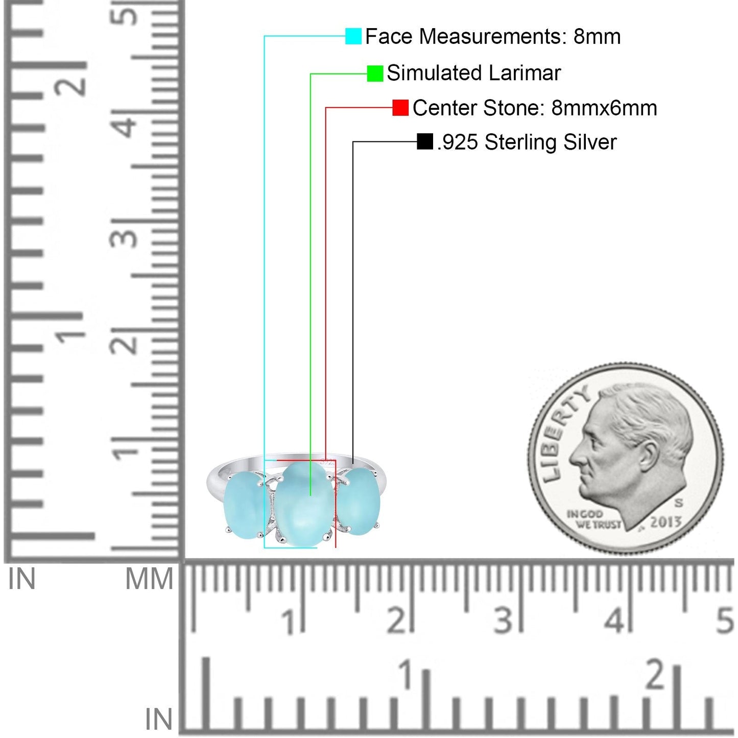 3-Stone Oval Simulated Larimar Fashion Ring