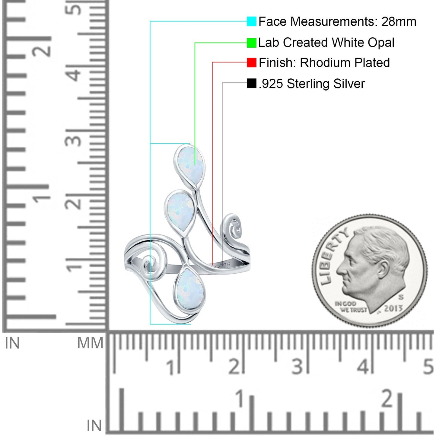 Teardrop Pear Lab Created White Opal Swirl Spiral Ring