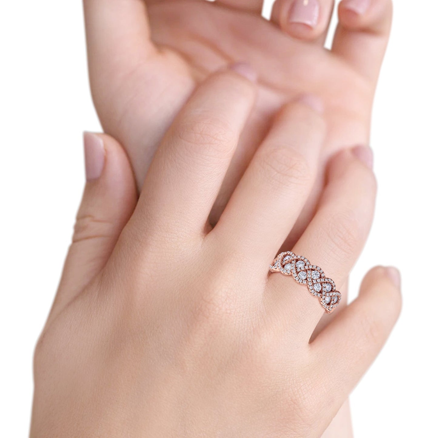 Weave Crisscross Infinity Rose Tone, Simulated CZ Round Eternity Ring