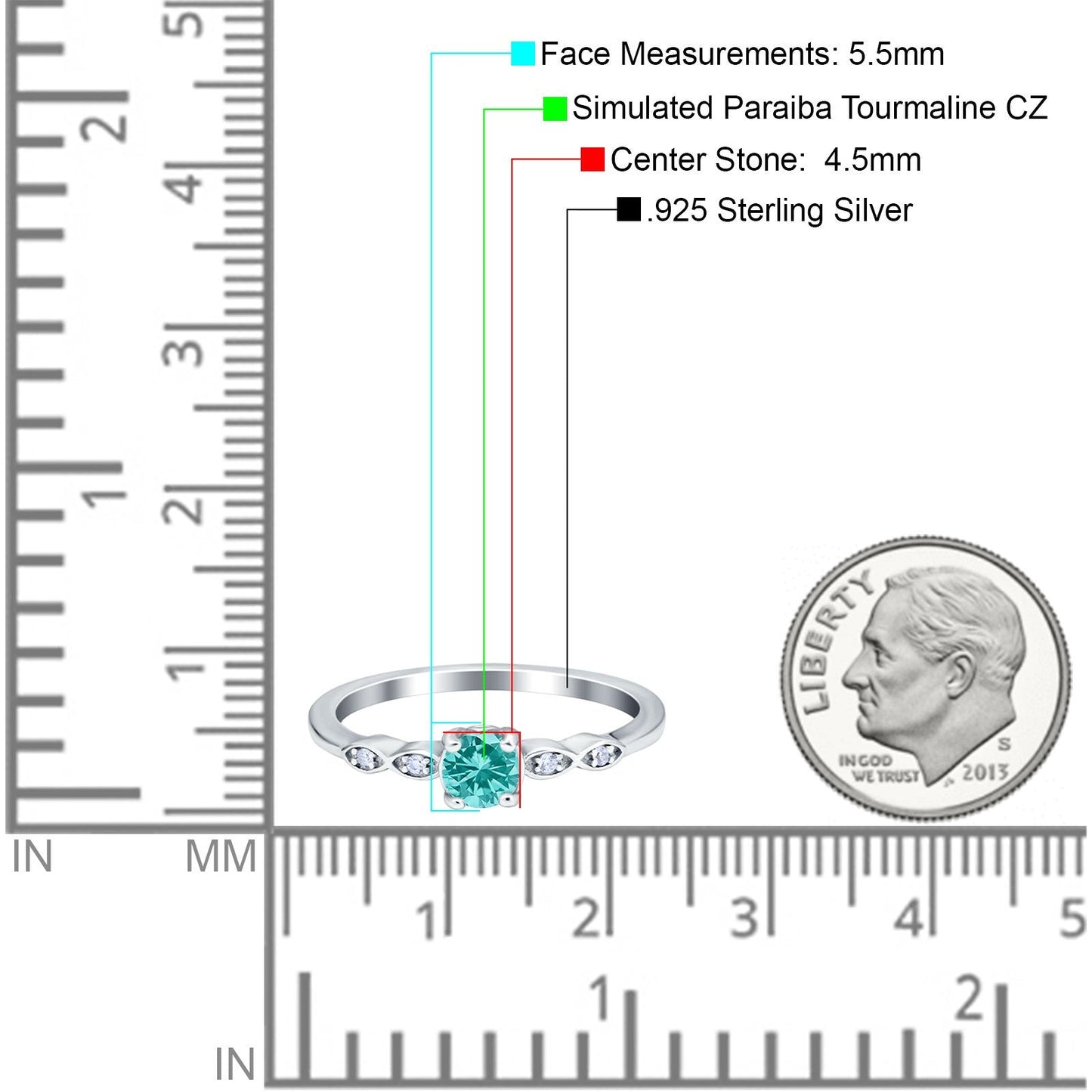 Petite Dainty Wedding Ring Round Simulated Paraiba Tourmaline CZ