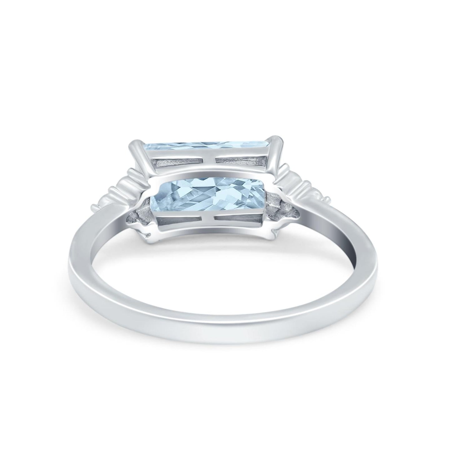 Emerald Cut Sideways Simulated Aquamarine CZ Ring