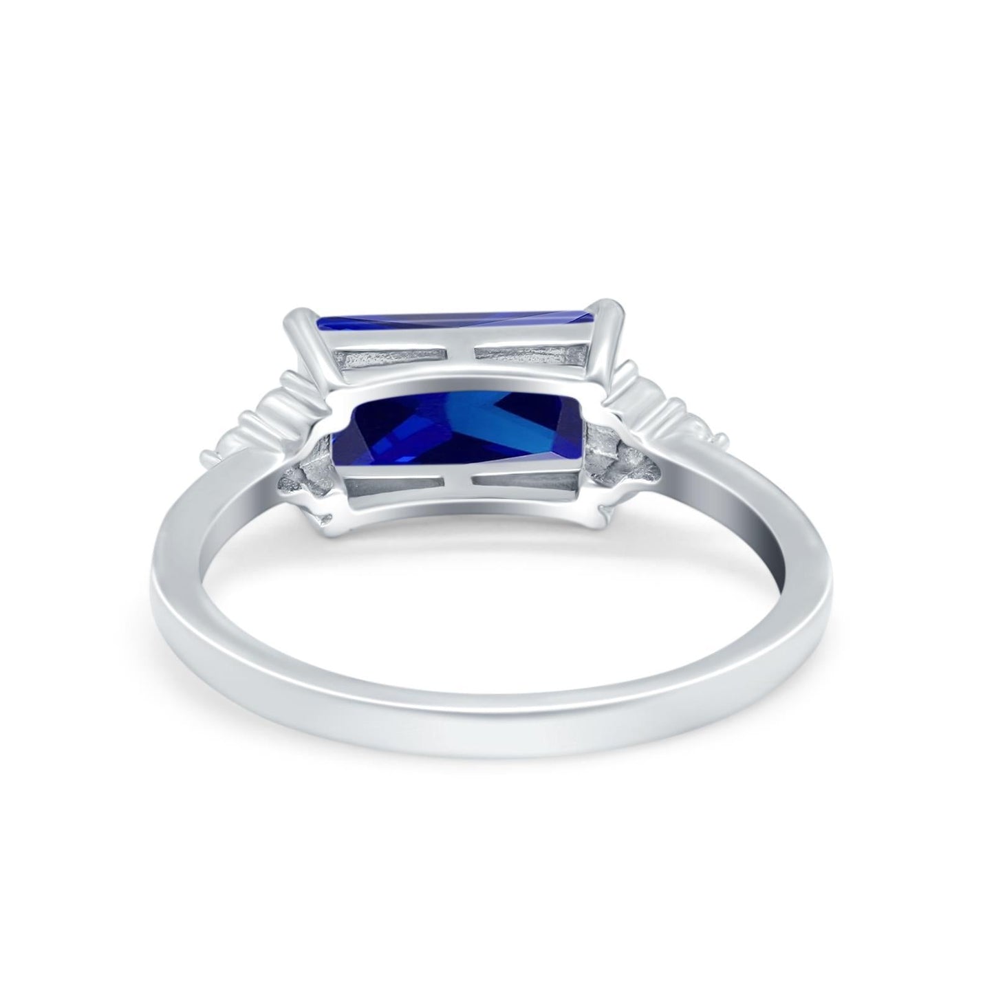 Emerald Cut Sideways Simulated Blue Sapphire CZ Ring