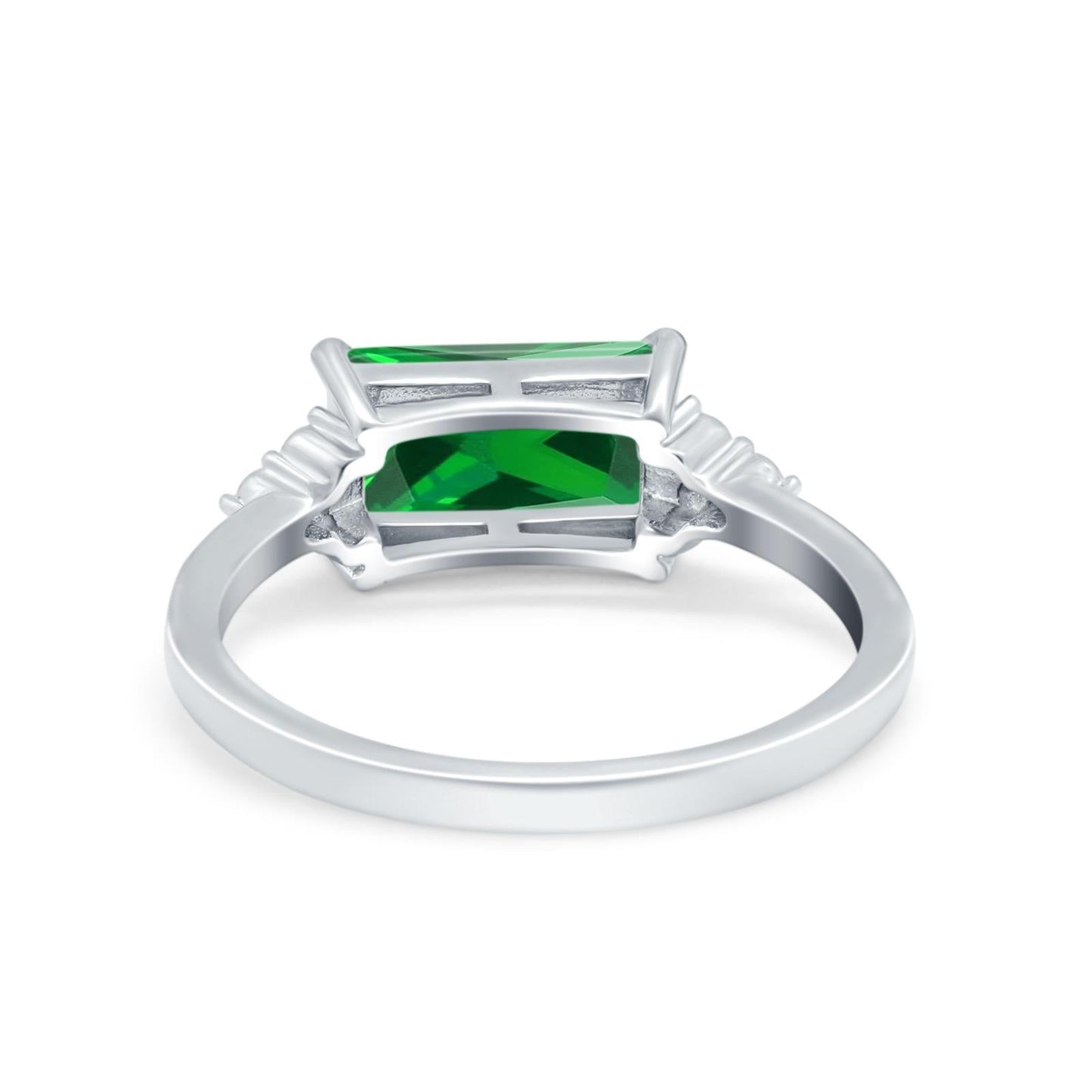 Emerald Cut Sideways Simulated Green Emerald CZ Ring