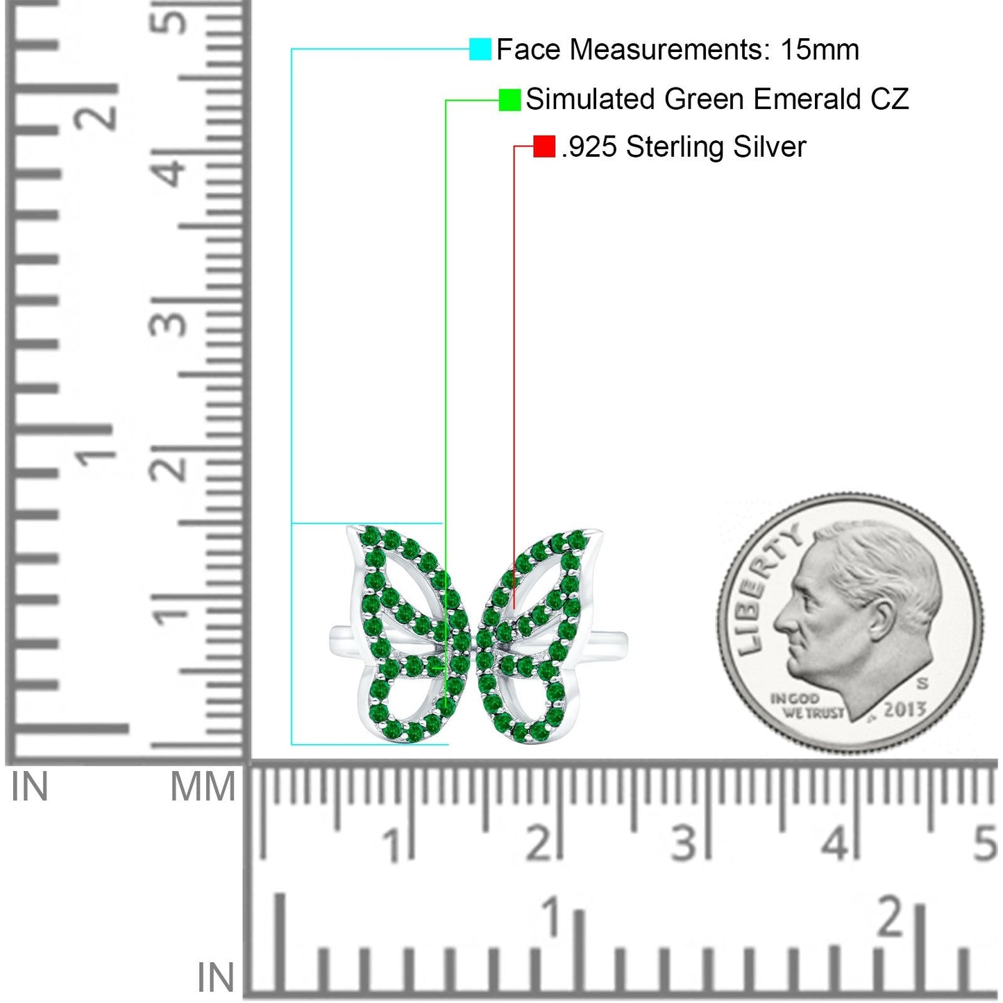 Butterfly Ring Simulated Green Emerald CZ Wedding Band