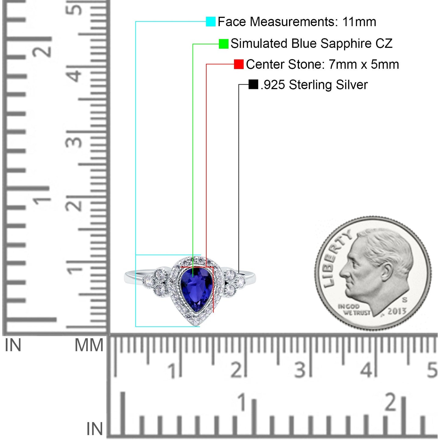 Halo Pear Blue Sapphire CZ Engagement Ring