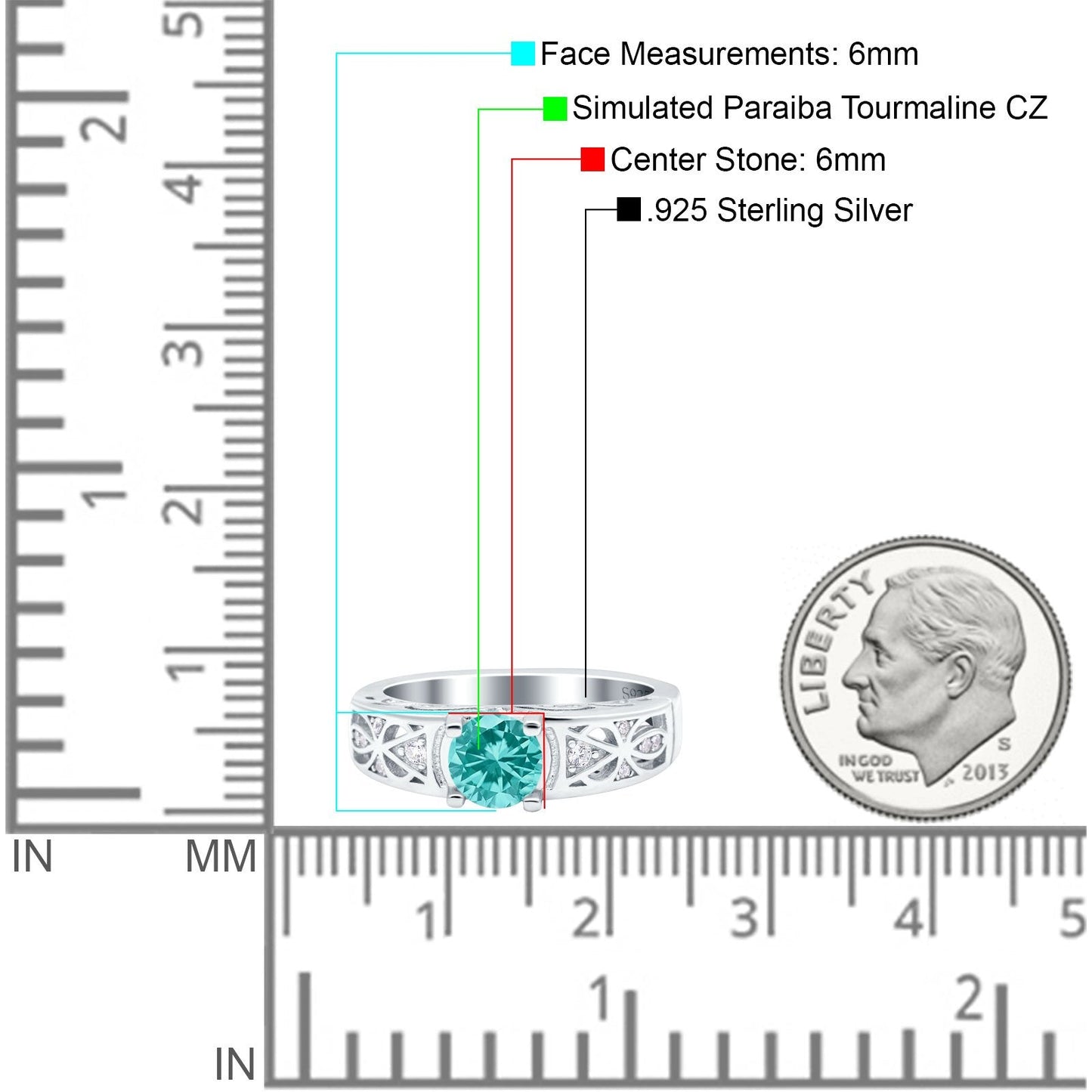 Art Deco Wedding Bridal Ring Band Round Simulated Paraiba Tourmaline CZ