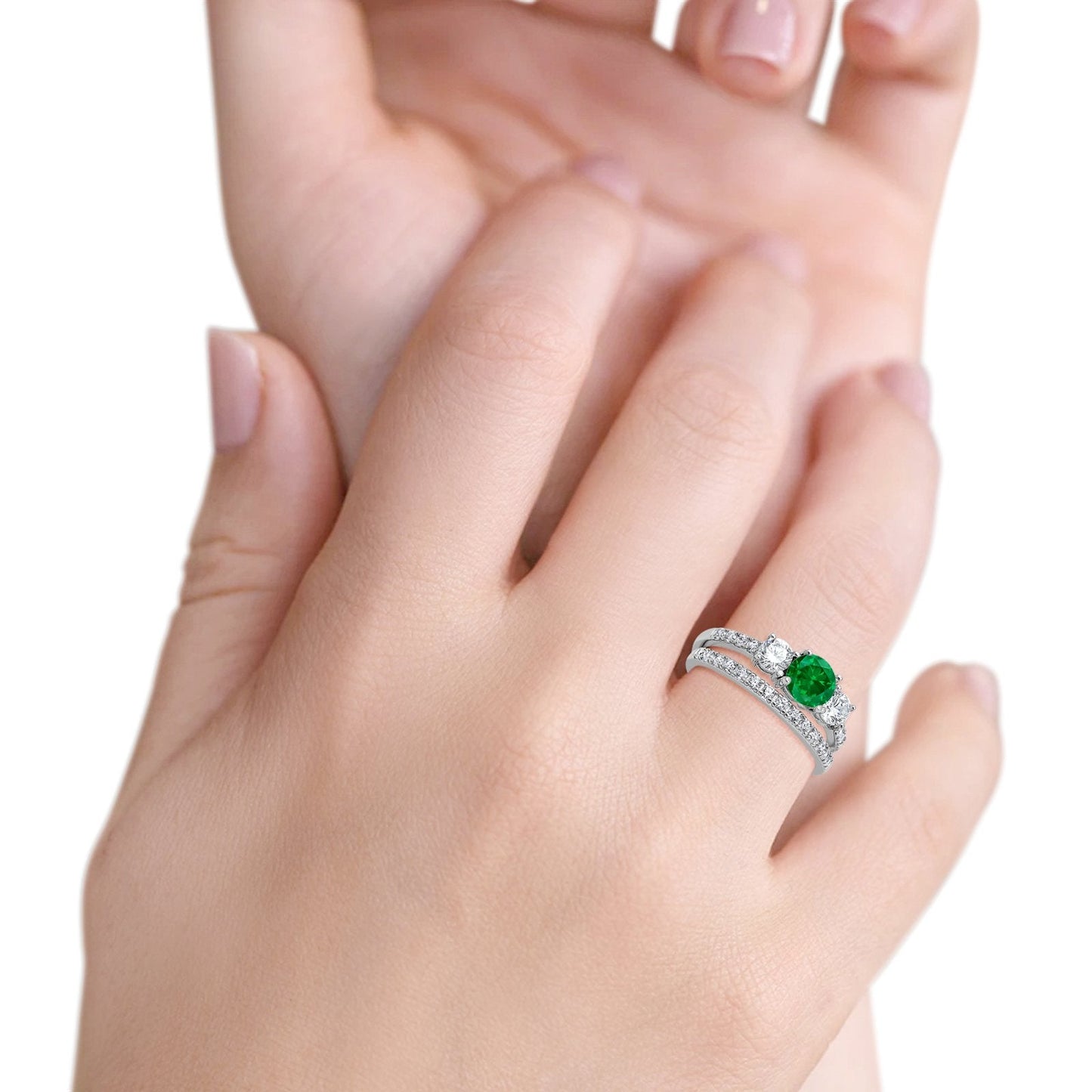 3-Stone Wedding Bridal Piece Ring Round Simulated Green Emerald CZ