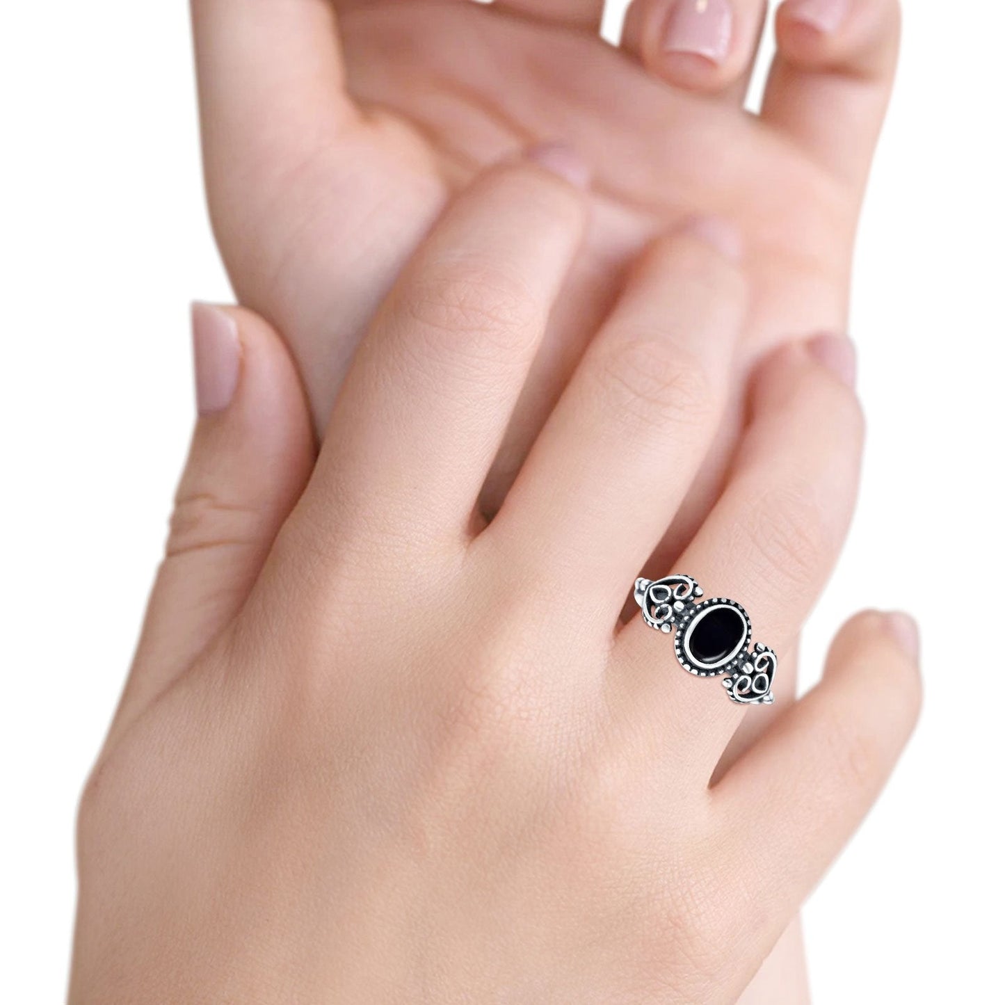 Petite Dainty Oval Solitaire Promise Ring Band Simulated Black Onyx Oxidized Braided