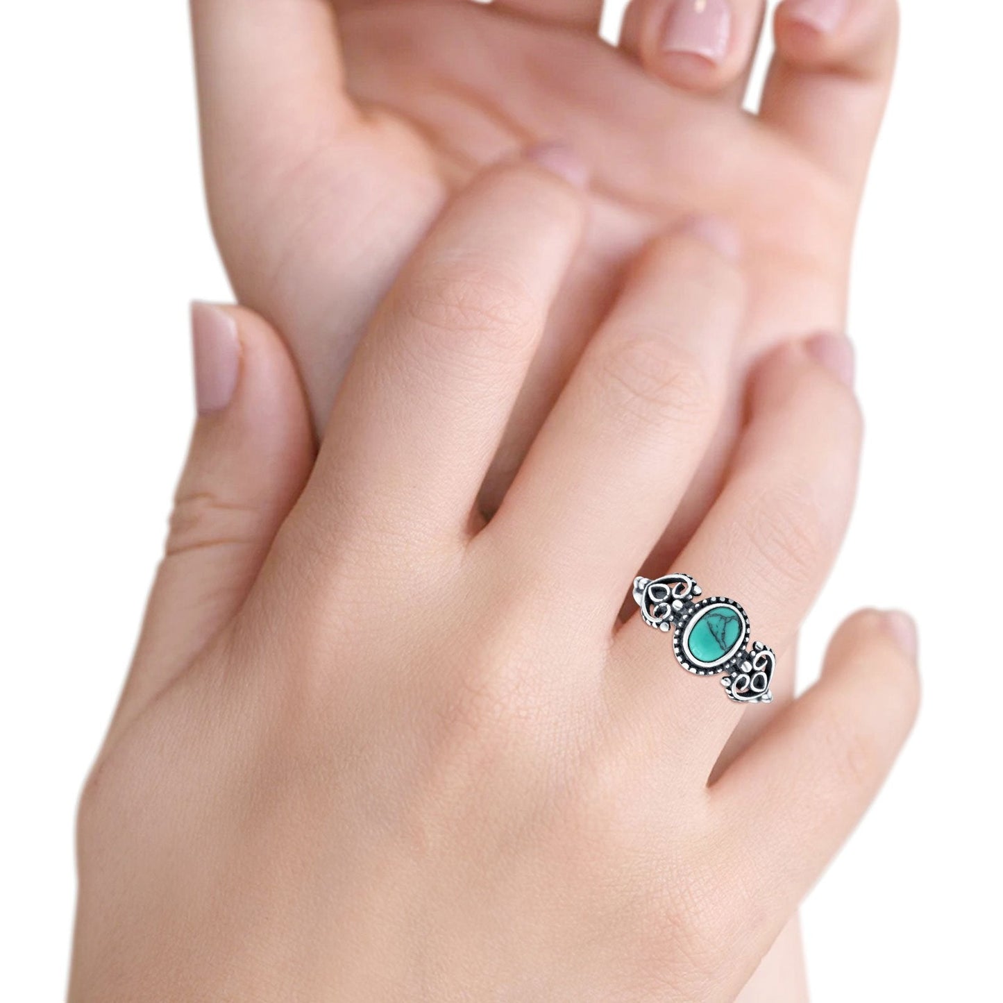 Petite Dainty Oval Solitaire Promise Ring Band Simulated Turquoise Oxidized Braided