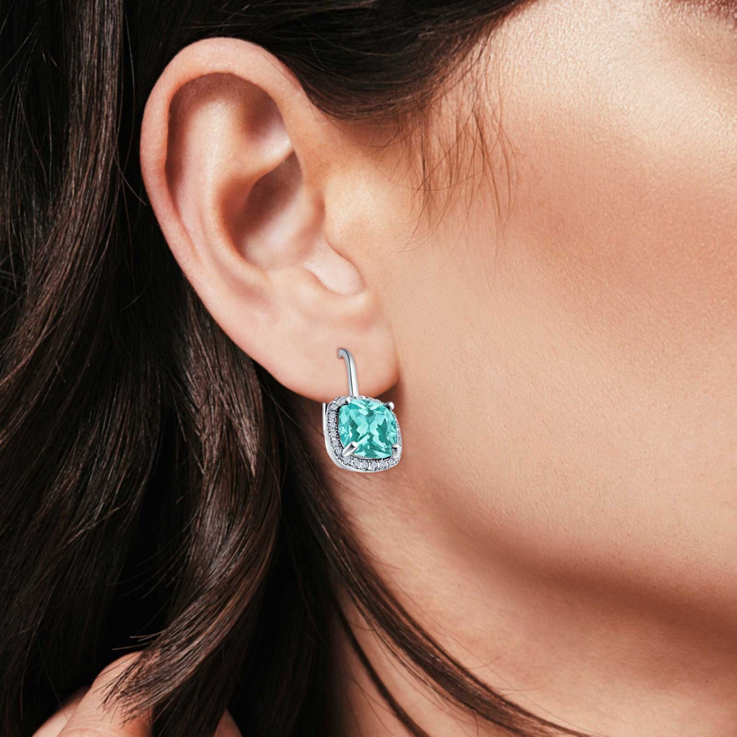 Halo Cushion Simulated Paraiba Tourmaline CZ Leverback Earrings