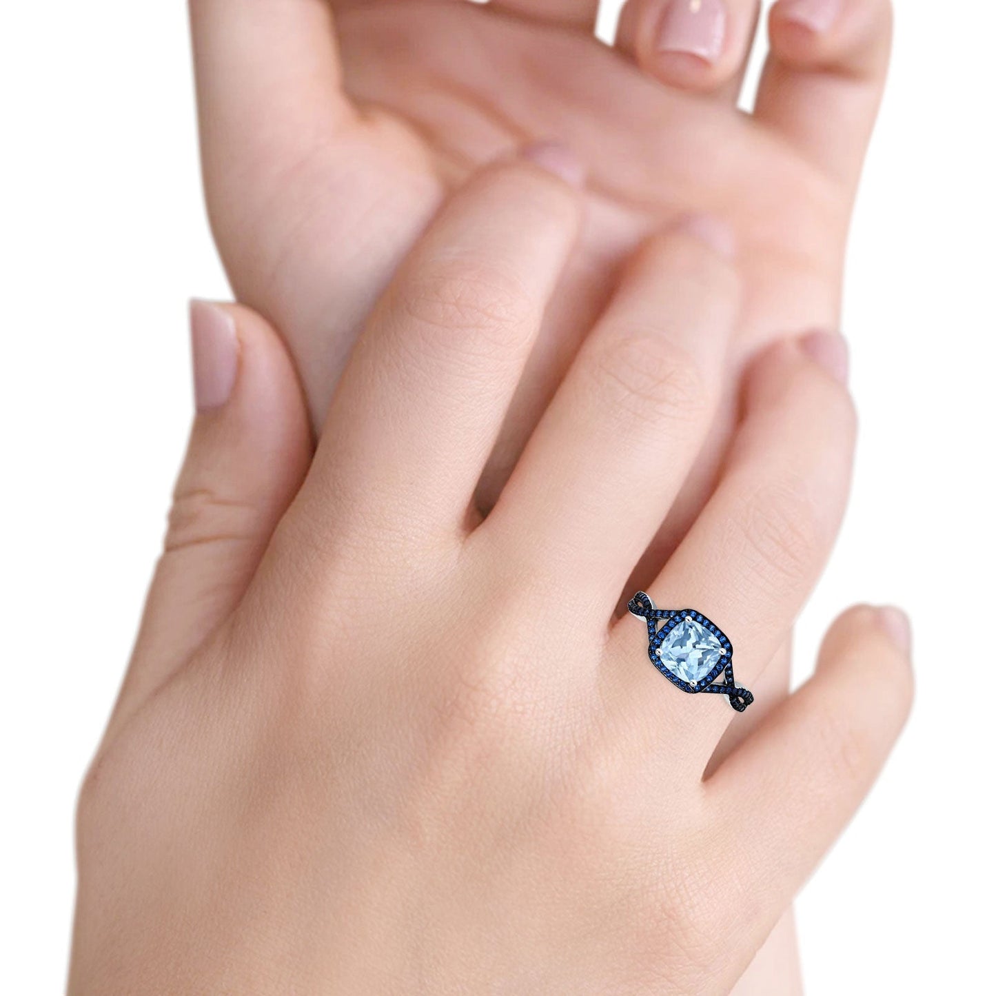 Halo Cushion Infinity Twist Side Stone Blue Sapphire CZ Engagement Ring Simulated Aquamarine