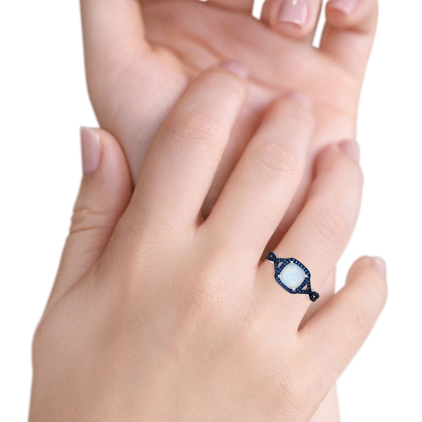 Halo Cushion Infinity Twist Side Stone Blue Sapphire CZ Fashion Ring Lab Created White Opal