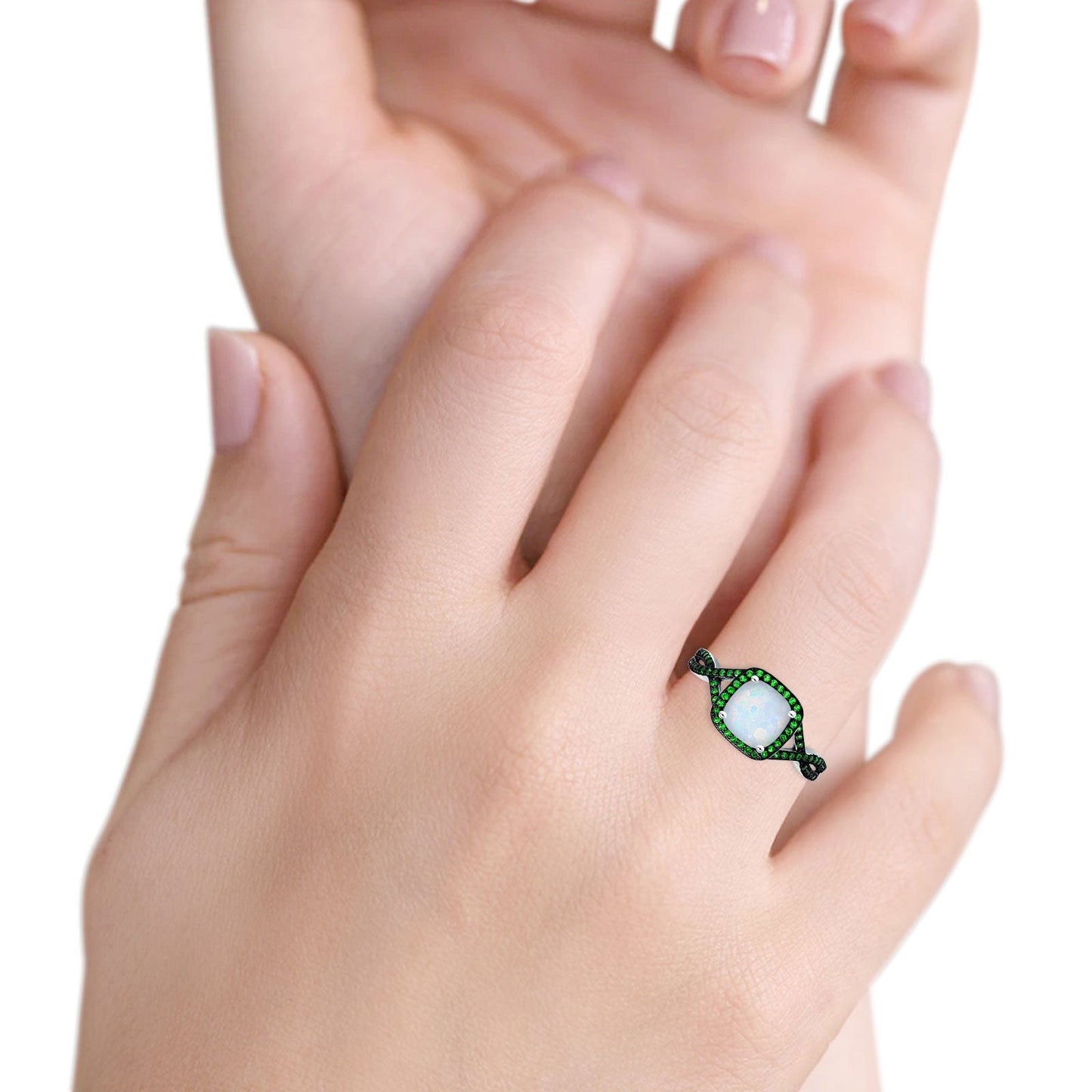 Halo Cushion Infinity Twist Side Stone Green Emerald CZ Fashion Ring Lab Created White Opal