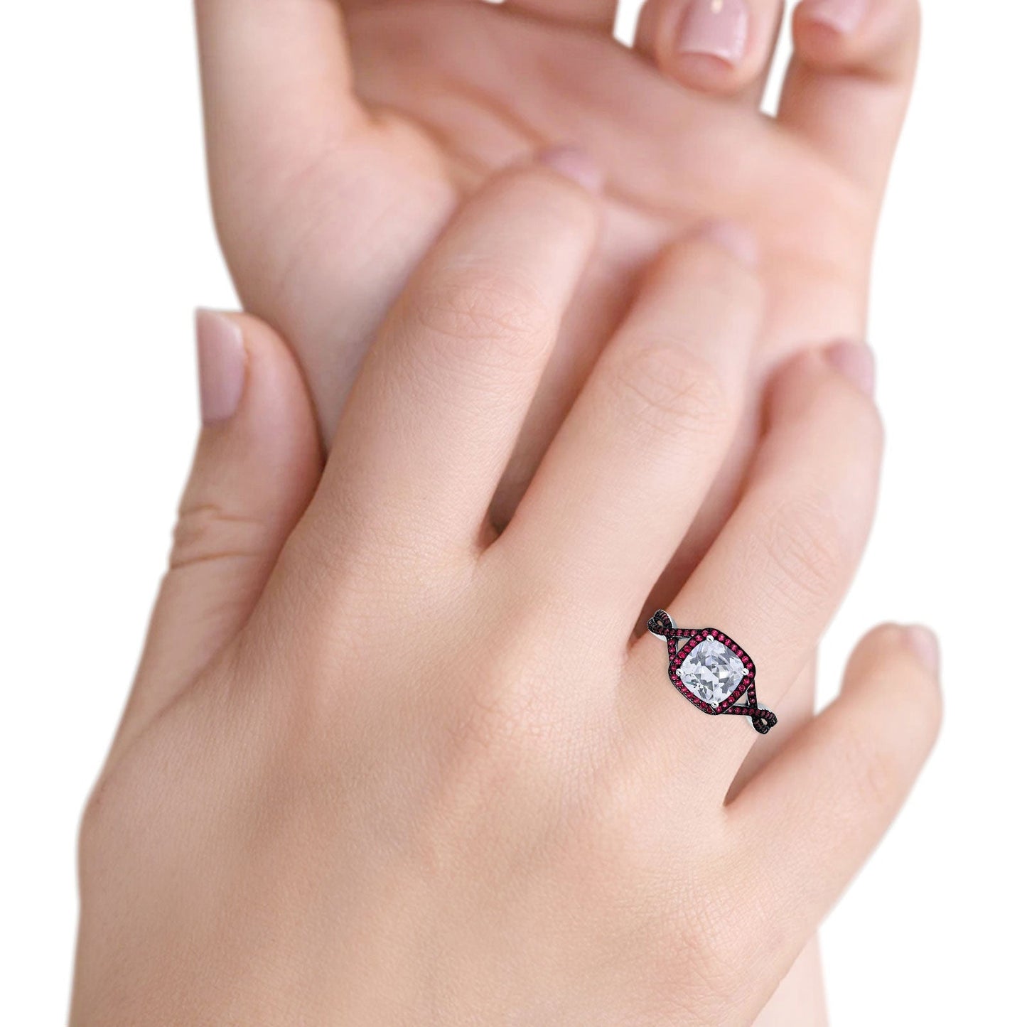 Halo Cushion Infinity Twist Side Stone Ruby CZ Engagement Ring Cubic Zirconia