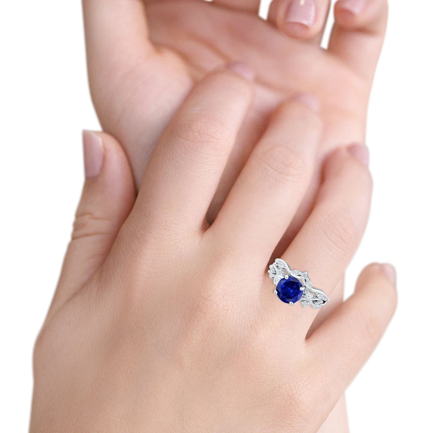 Art Deco Round Blue Sapphire CZ Infinity Leaf Two Piece Ring