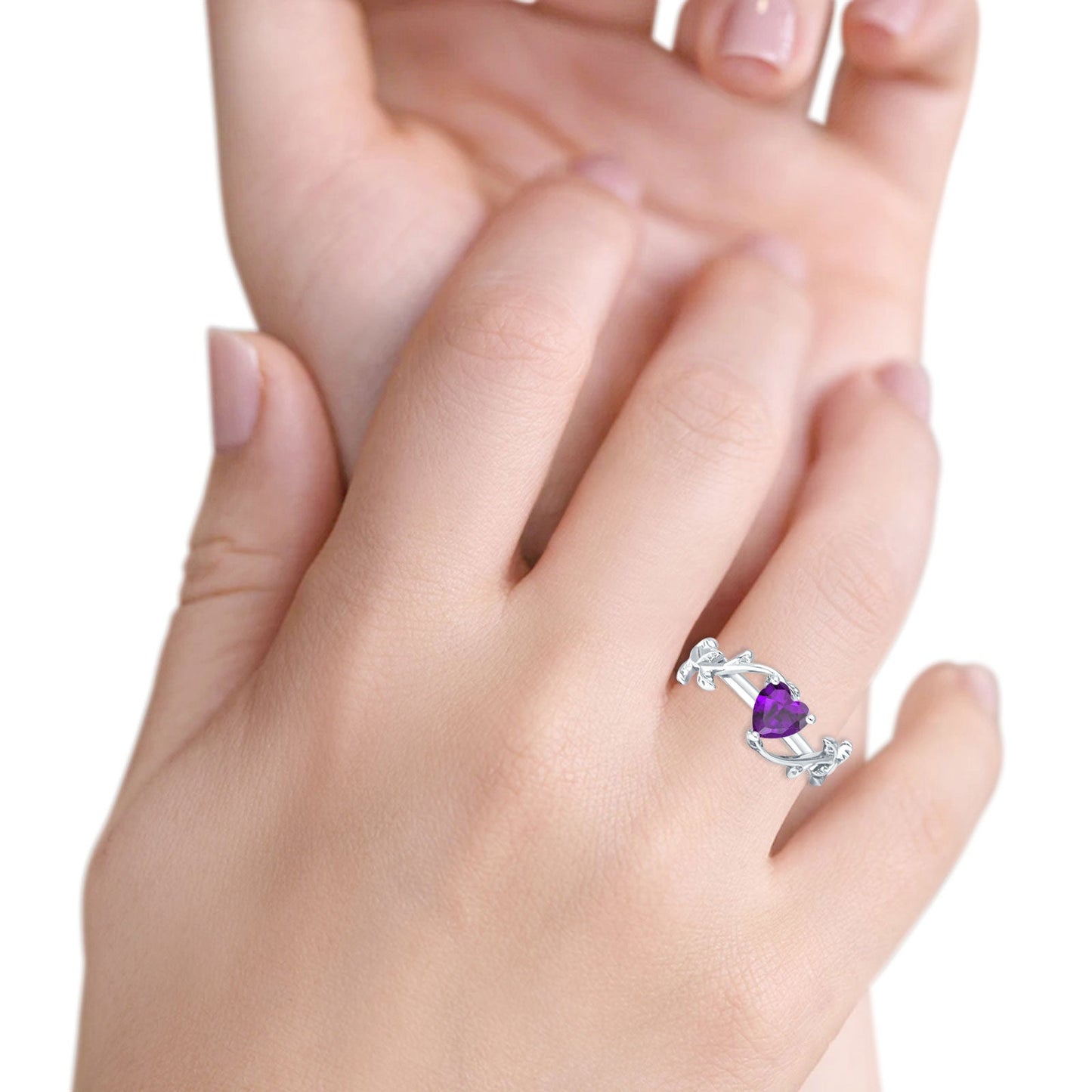 Heart Leaf Art Deco Promise Ring Amethyst CZ