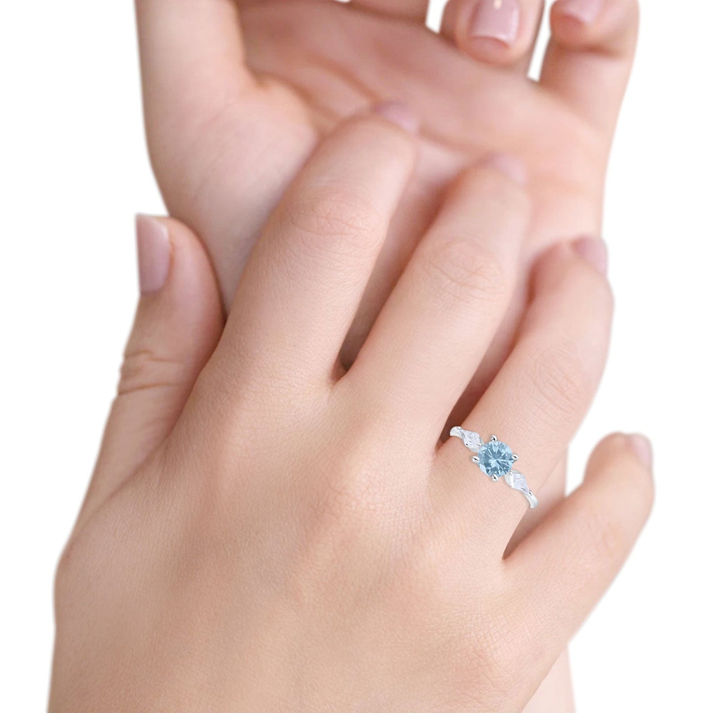 Three Stone Ring Kite Shape Accent Round Aquamarine CZ