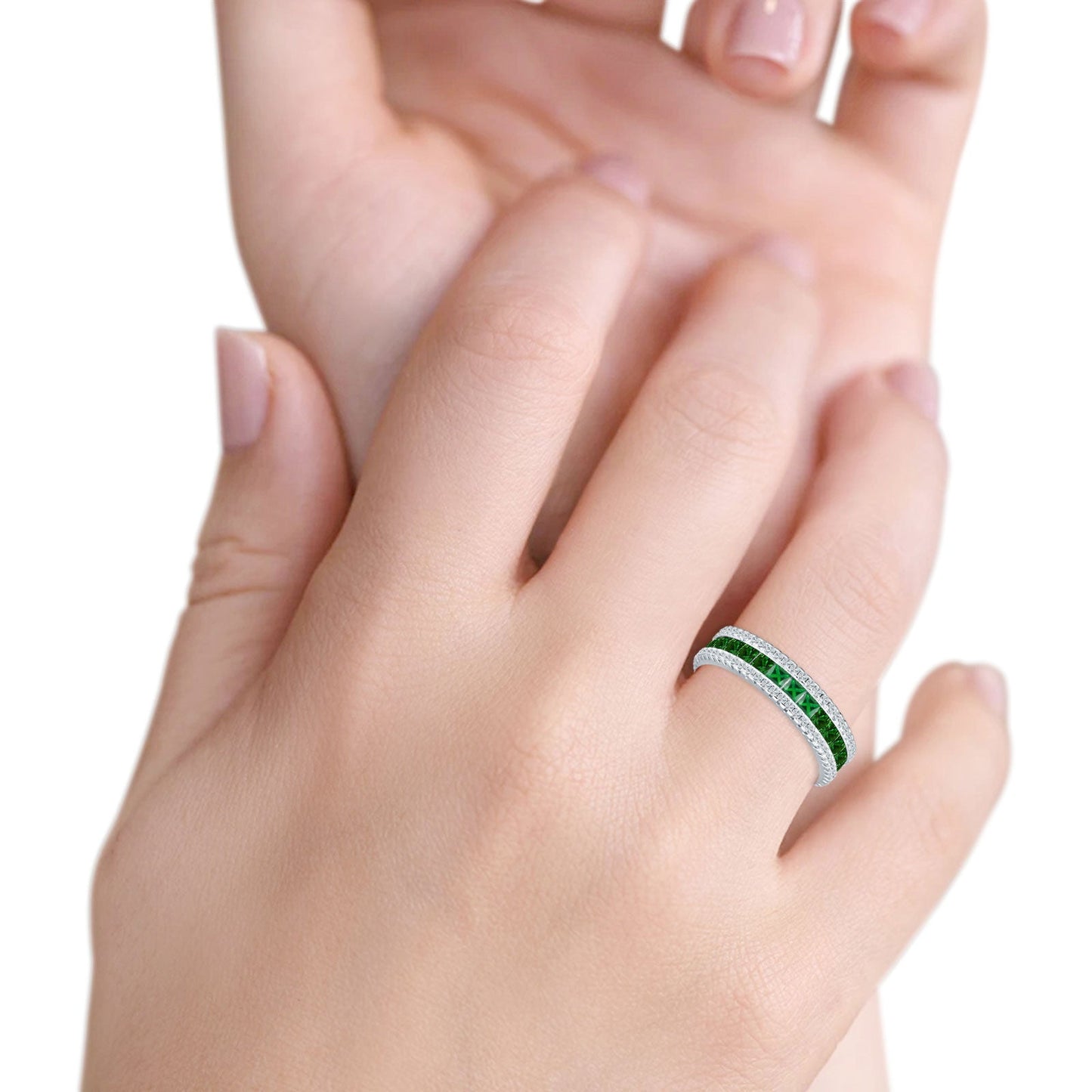 Full Eternity Band Princess Cut Green Emerald CZ