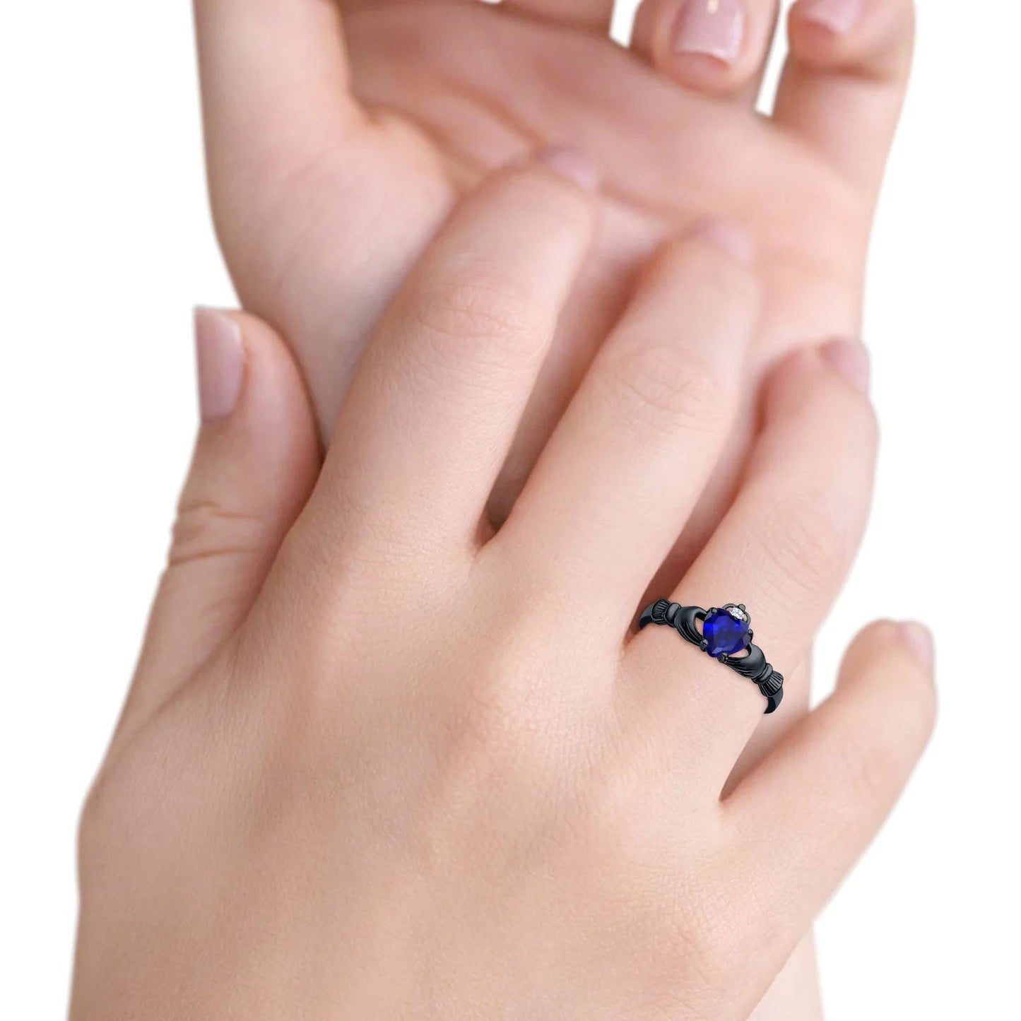 Irish Claddagh Heart Black Tone, Simulated Blue Sapphire CZ Promise Ring