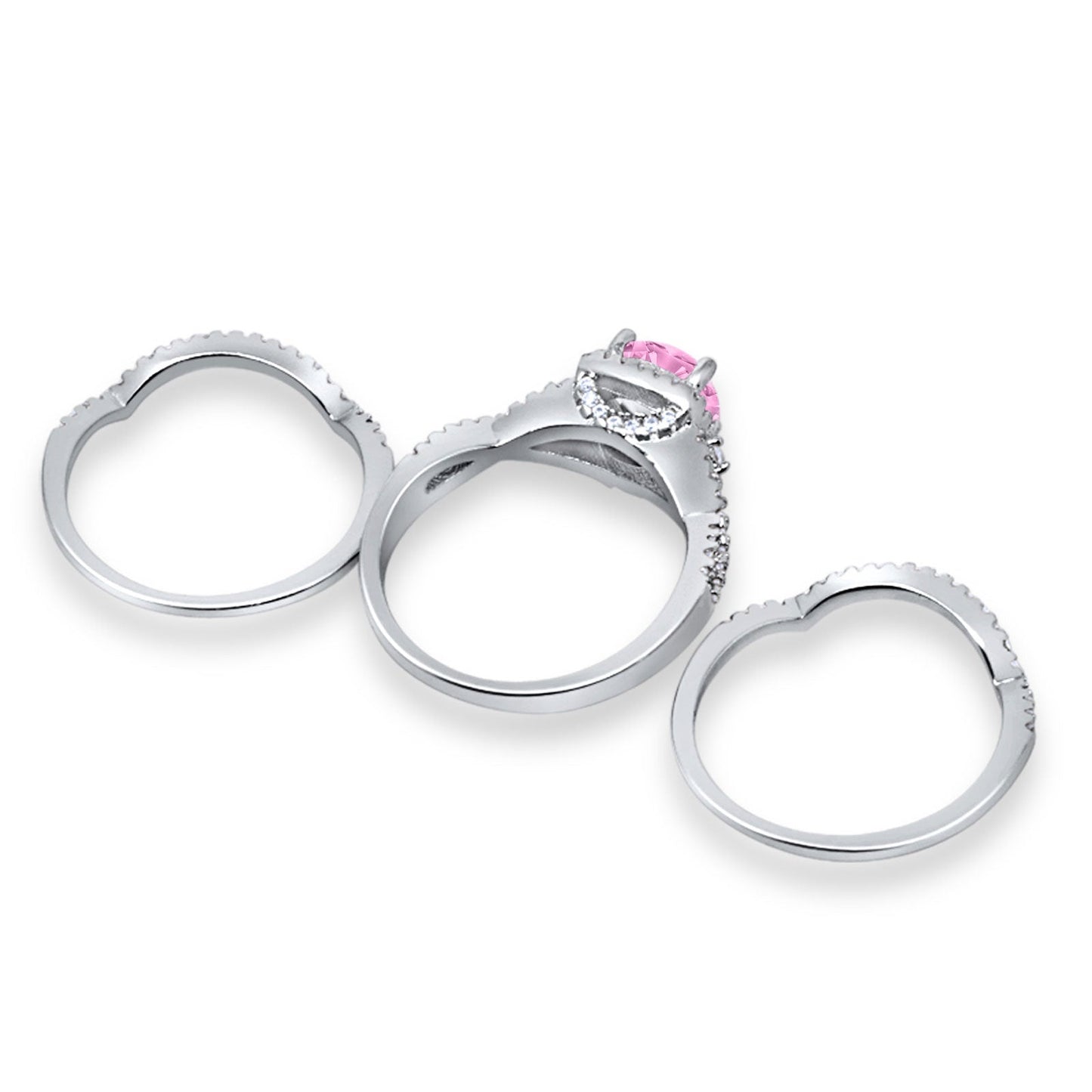 Halo Engagement Ring Three Piece Pink CZ