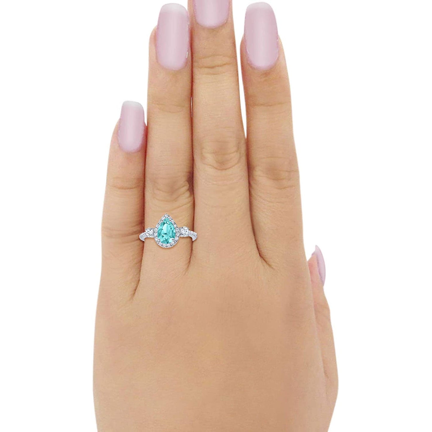 Three Stone Halo Teardrop Pear Fashion Ring Simulated Paraiba Tourmaline CZ