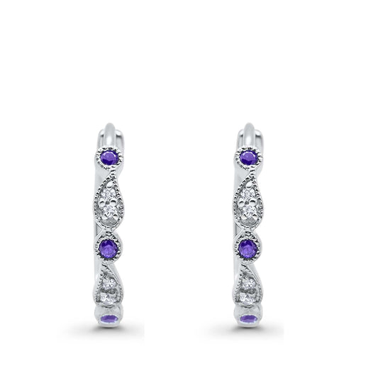 Huggie Hoop Earrings Round Amethyst CZ