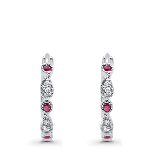 Huggie Hoop Earrings Round Simulated Ruby CZ