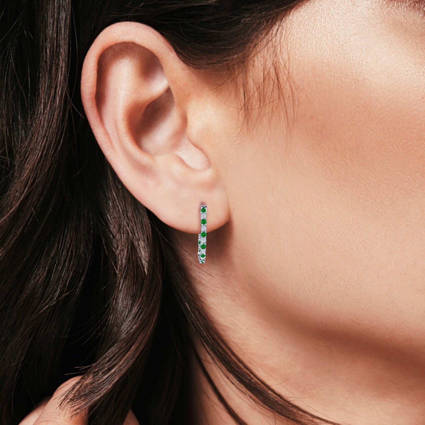 Huggie Hoop Earrings Round Simulated Green Emerald CZ (14mm)