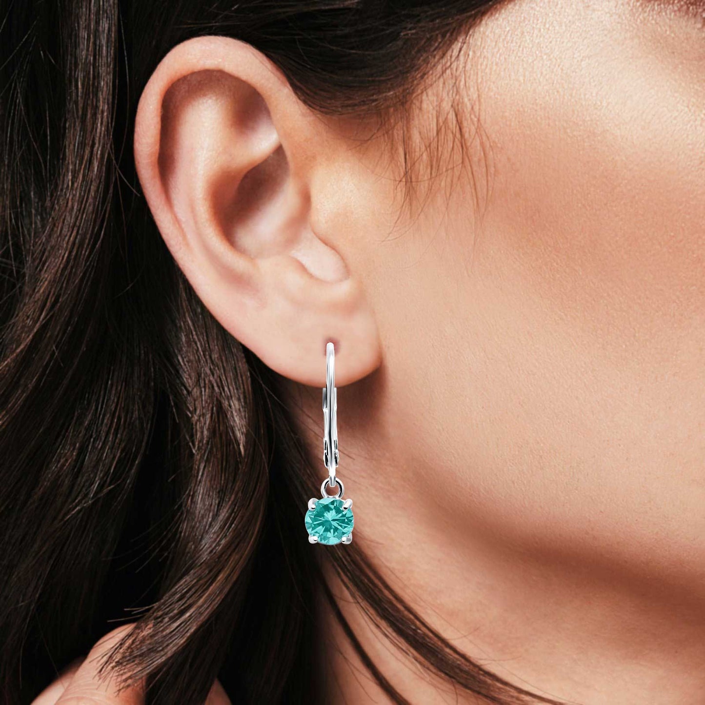 Lever Back Earring Round Simulated Paraiba Tourmaline CZ (2mm-10mm)