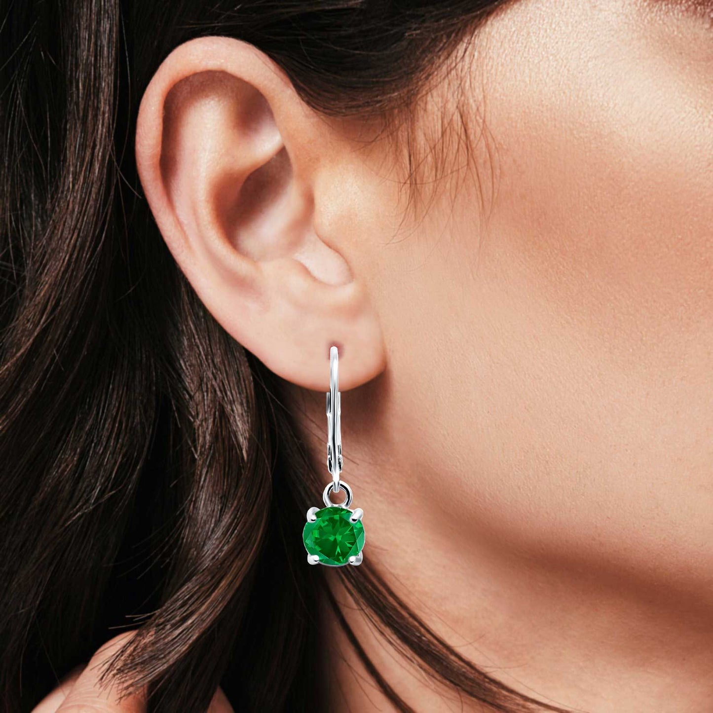 Lever Back Earring Round Simulated Green Emerald CZ (2mm-10mm)