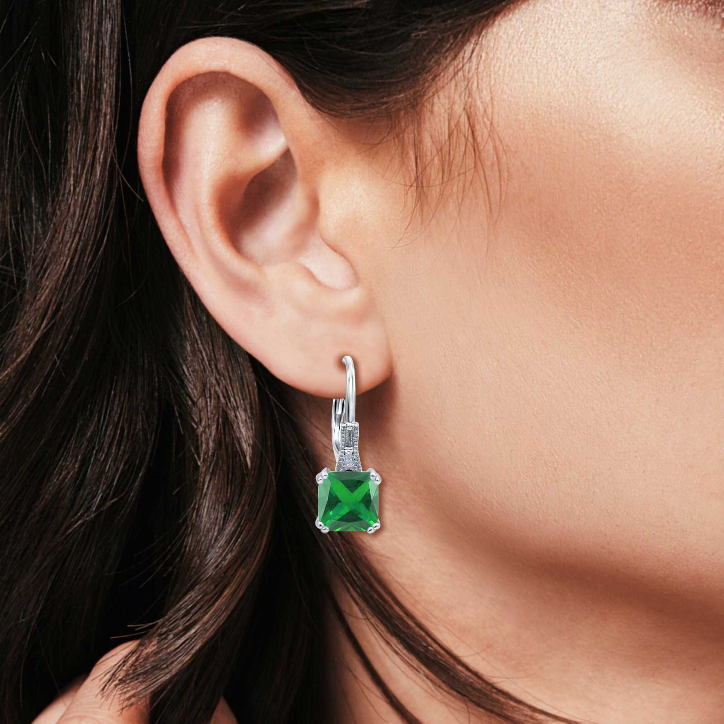 Cushion Cut Dangling Leverback Wedding Earrings Simulated Green Emerald CZ (15mm)