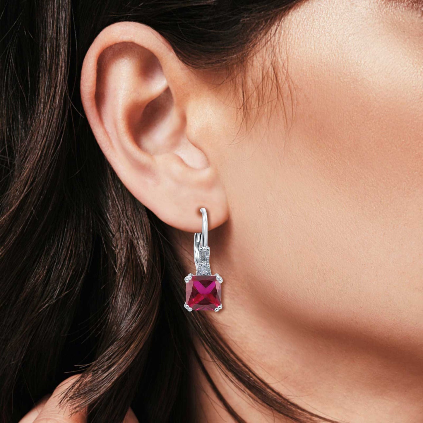 Cushion Cut Dangling Leverback Wedding Earrings Simulated Ruby CZ (15mm)