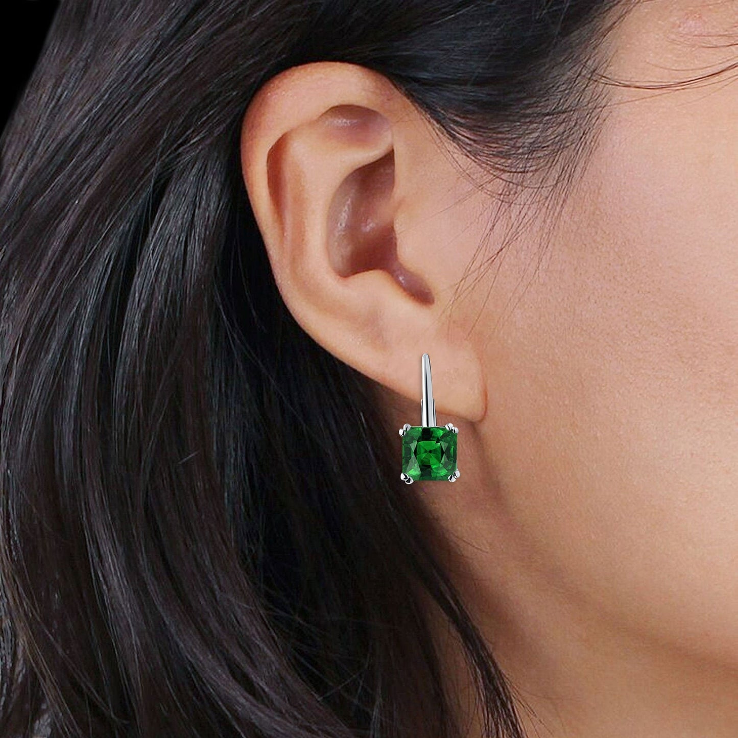 Cushion Leverback Earrings Simulated Green Emerald