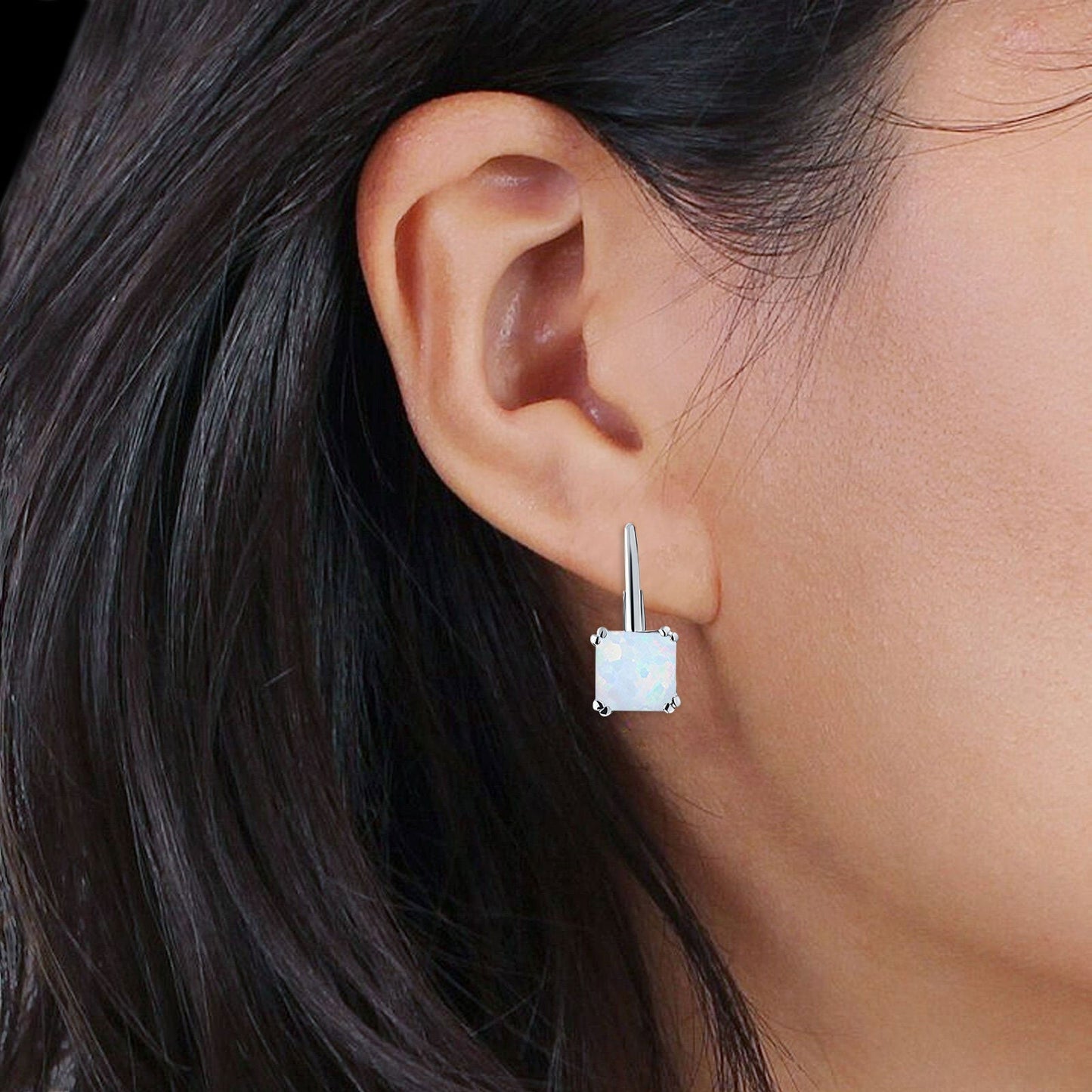 Cushion Leverback Earrings Lab Created White Opal