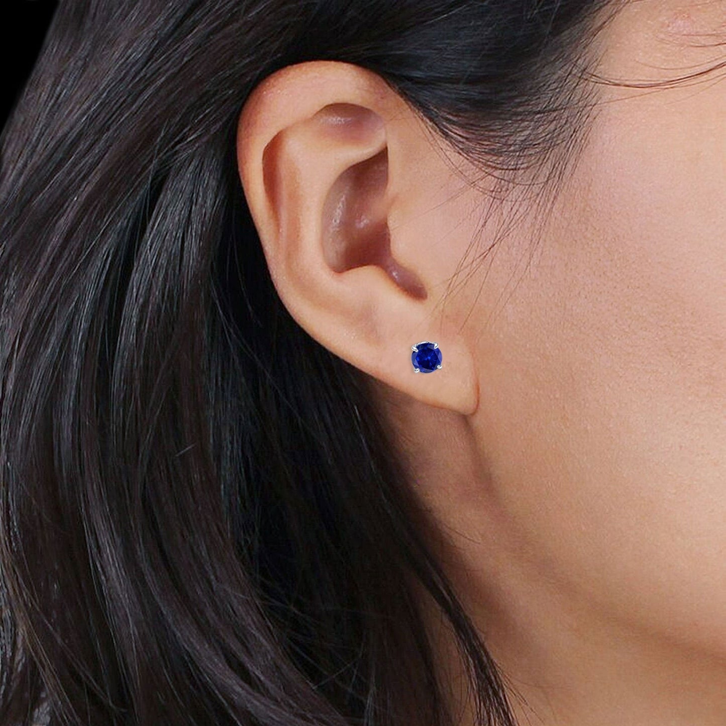 Round Hidden Halo Stud Earring Simulated Blue Sapphire