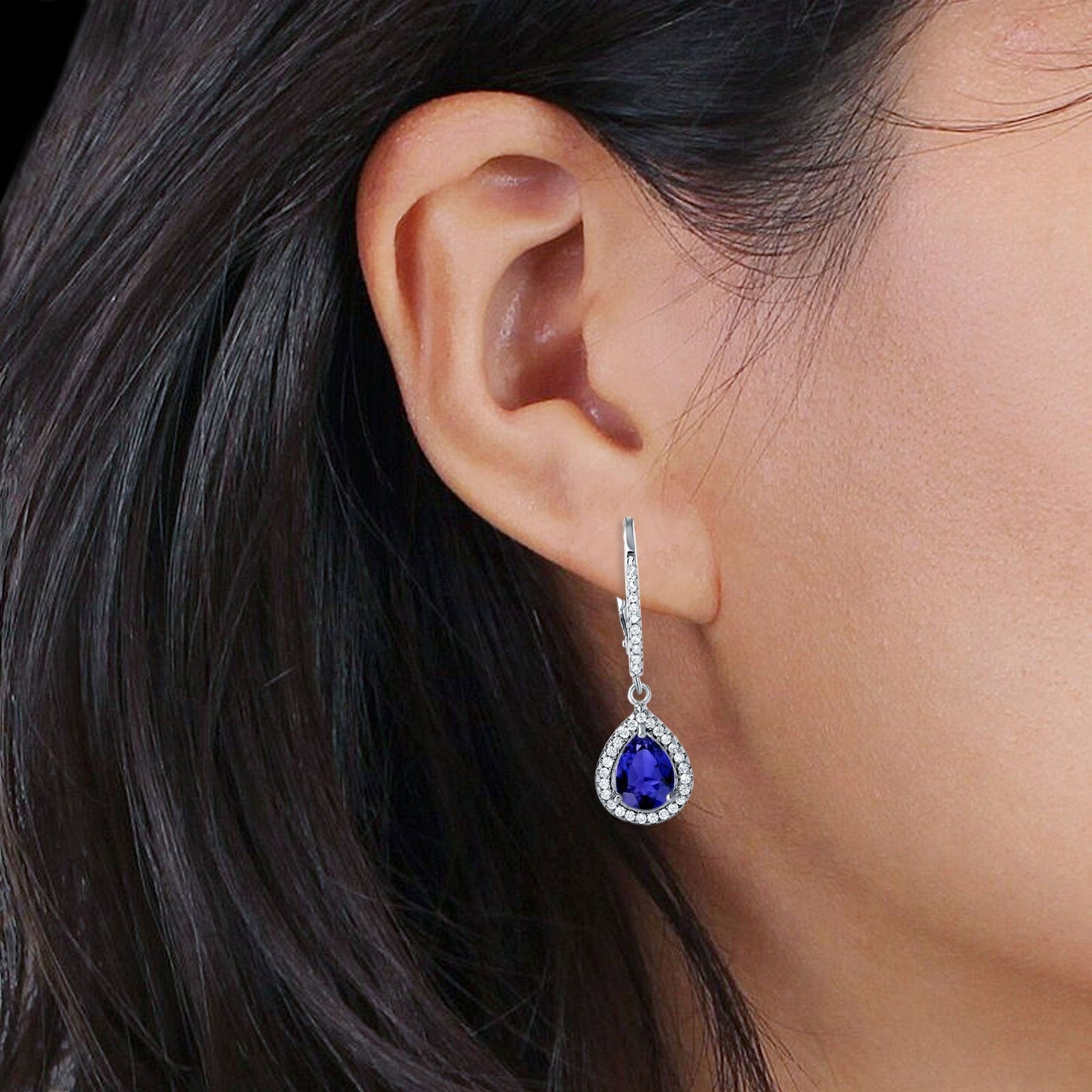 Pear Teardrop Earrings Simulated Blue Sapphire