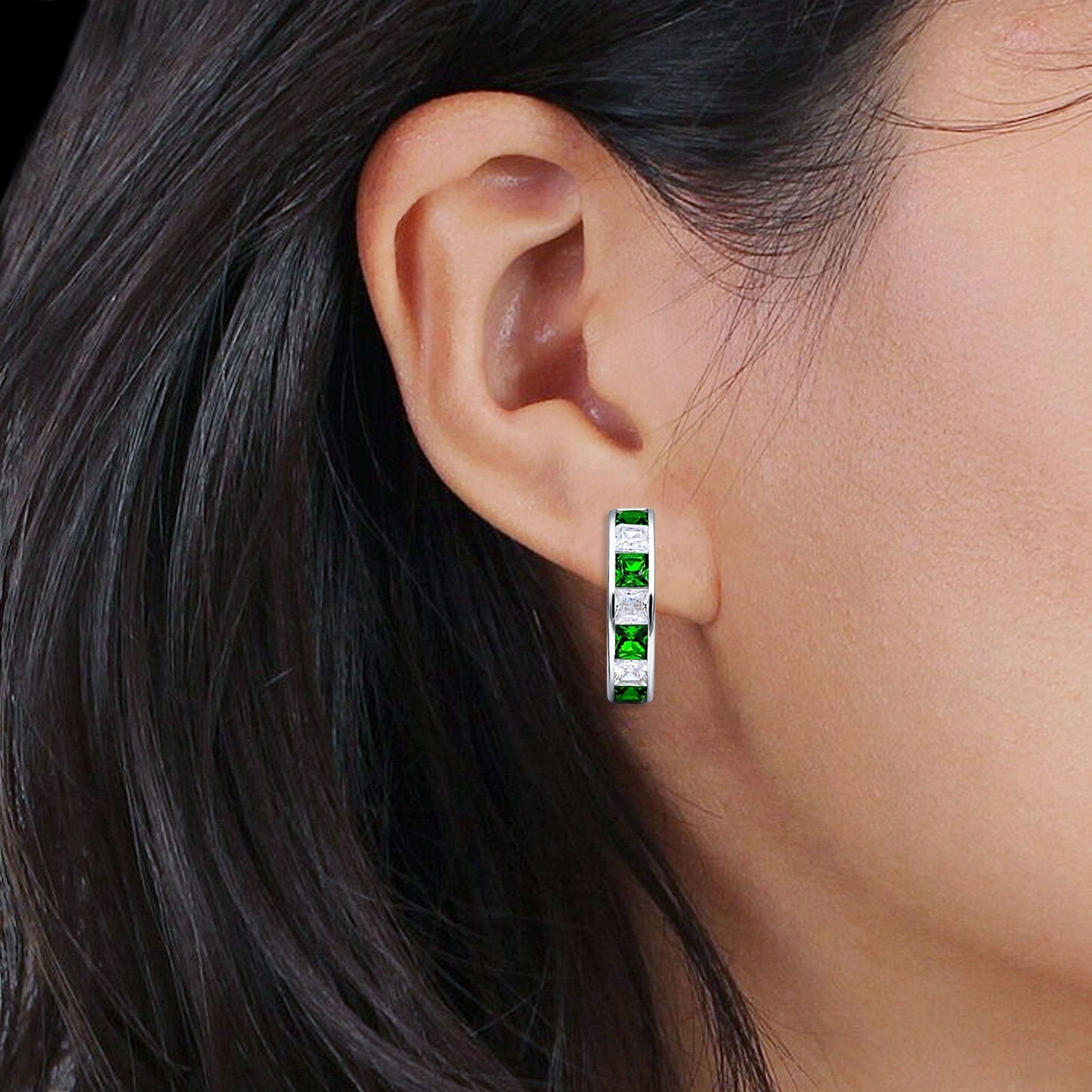 Minimalist Princess Huggie Hoop Earrings Simulated Green Emerald