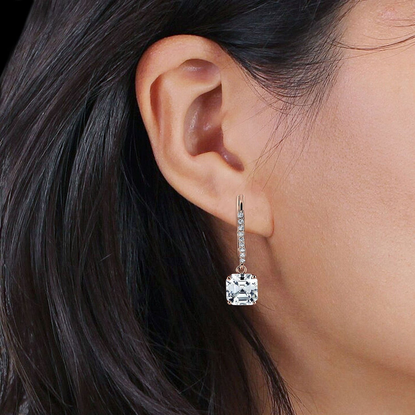 Asscher Cut Rose Tone, Cubic Zirconia Leverback Earrings