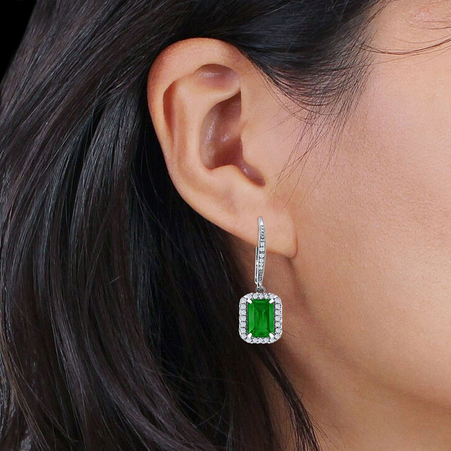 Emerald Cut Leverback Earrings Simulated Green Emerald