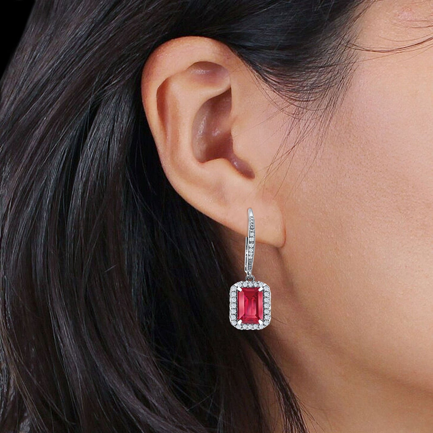 Emerald Cut Leverback Earrings Simulated Ruby