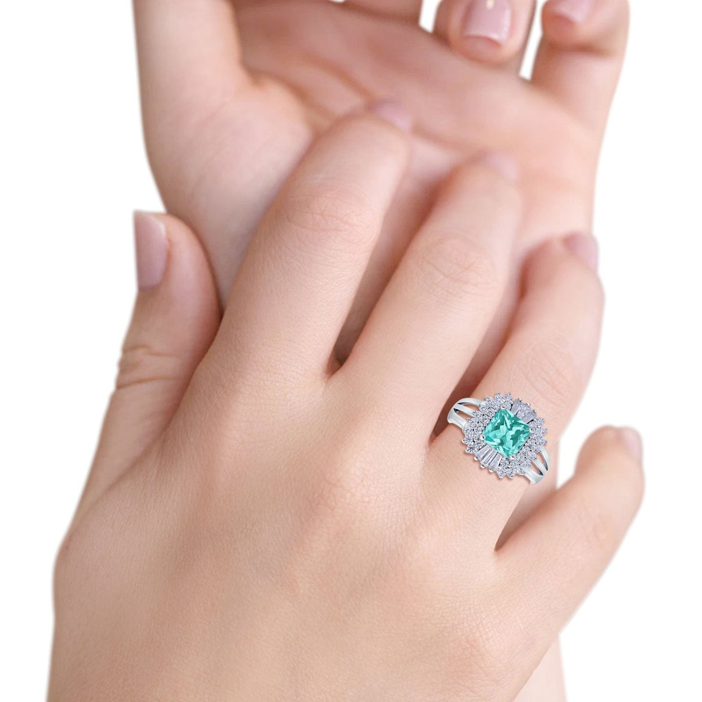 Cushion Cut Art Deco Wedding Ring Simulated Paraiba Tourmaline CZ