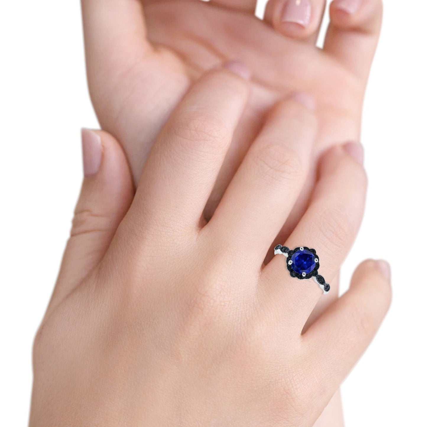 Flower Art Deco Wedding Ring Round Black Simulated Blue Sapphire CZ