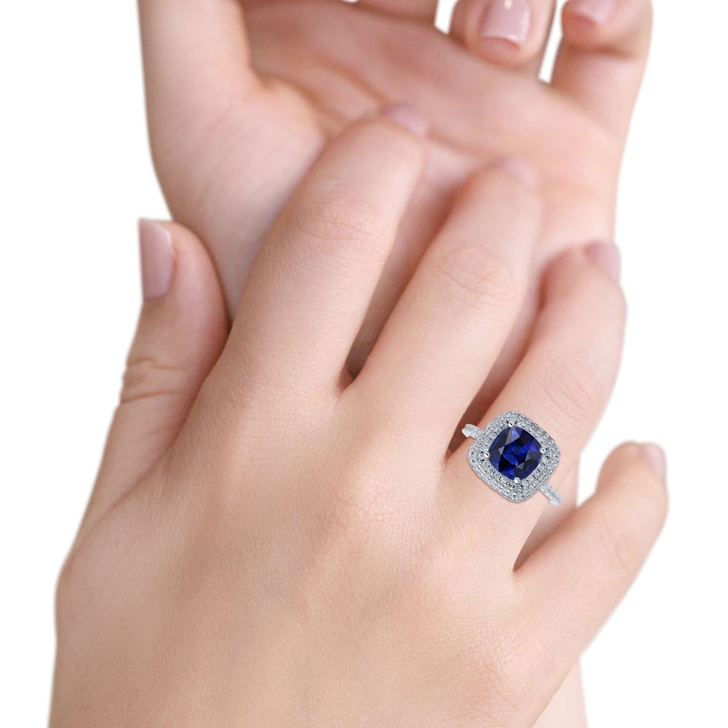 Halo Art Deco Cushion Cut Wedding Ring Simulated Blue Sapphire CZ