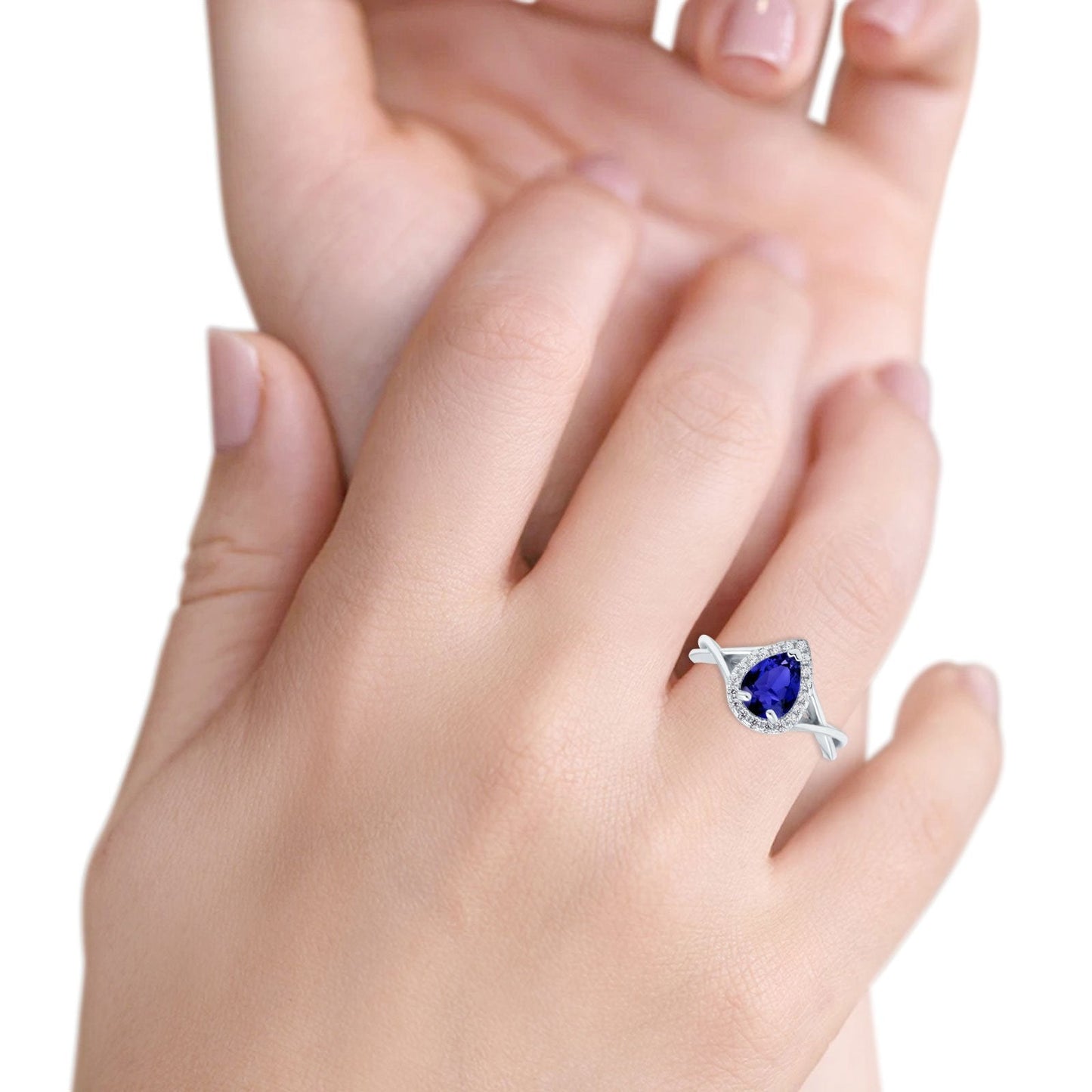 Teardrop Pear Twist Infinity Shank Simulated Blue Sapphire CZ Wedding Ring