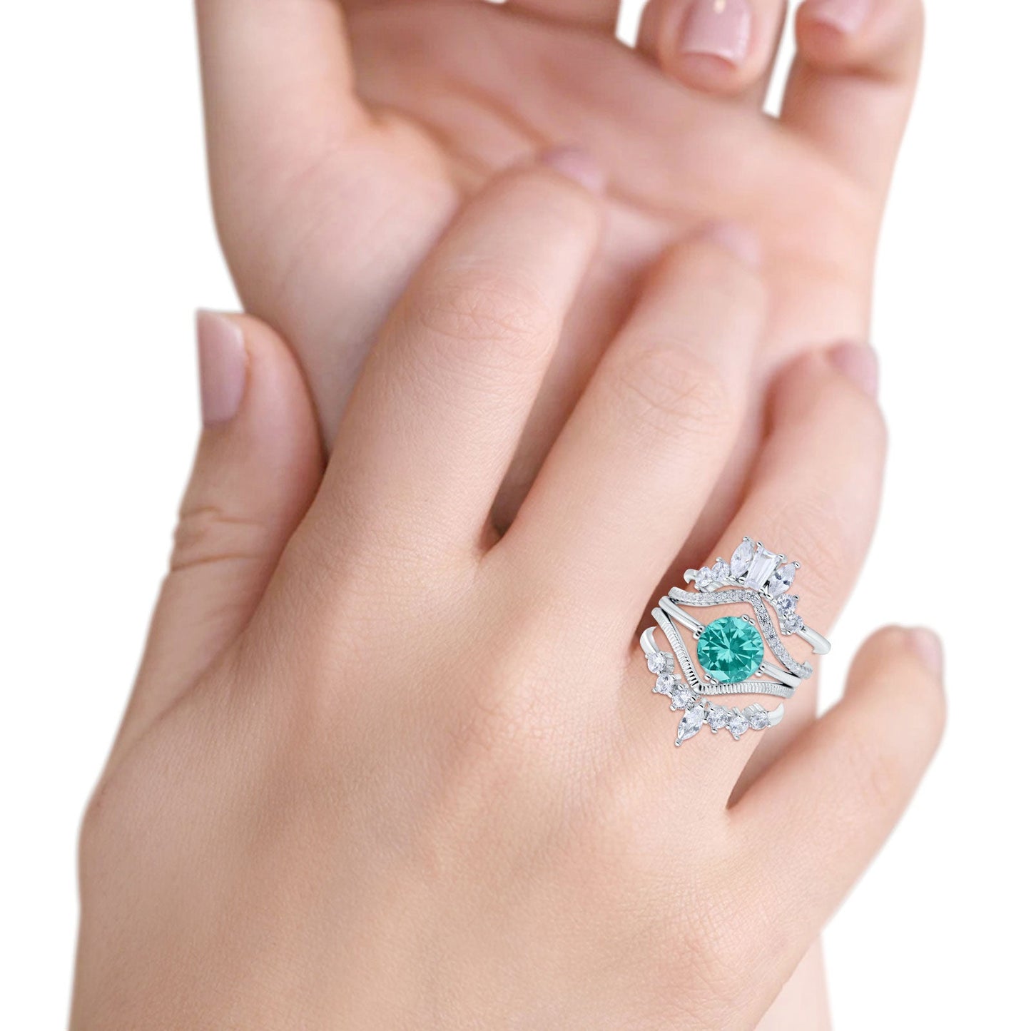 Trio Set Three Piece Bridal Round Simulated Paraiba Tourmaline CZ Wedding Ring