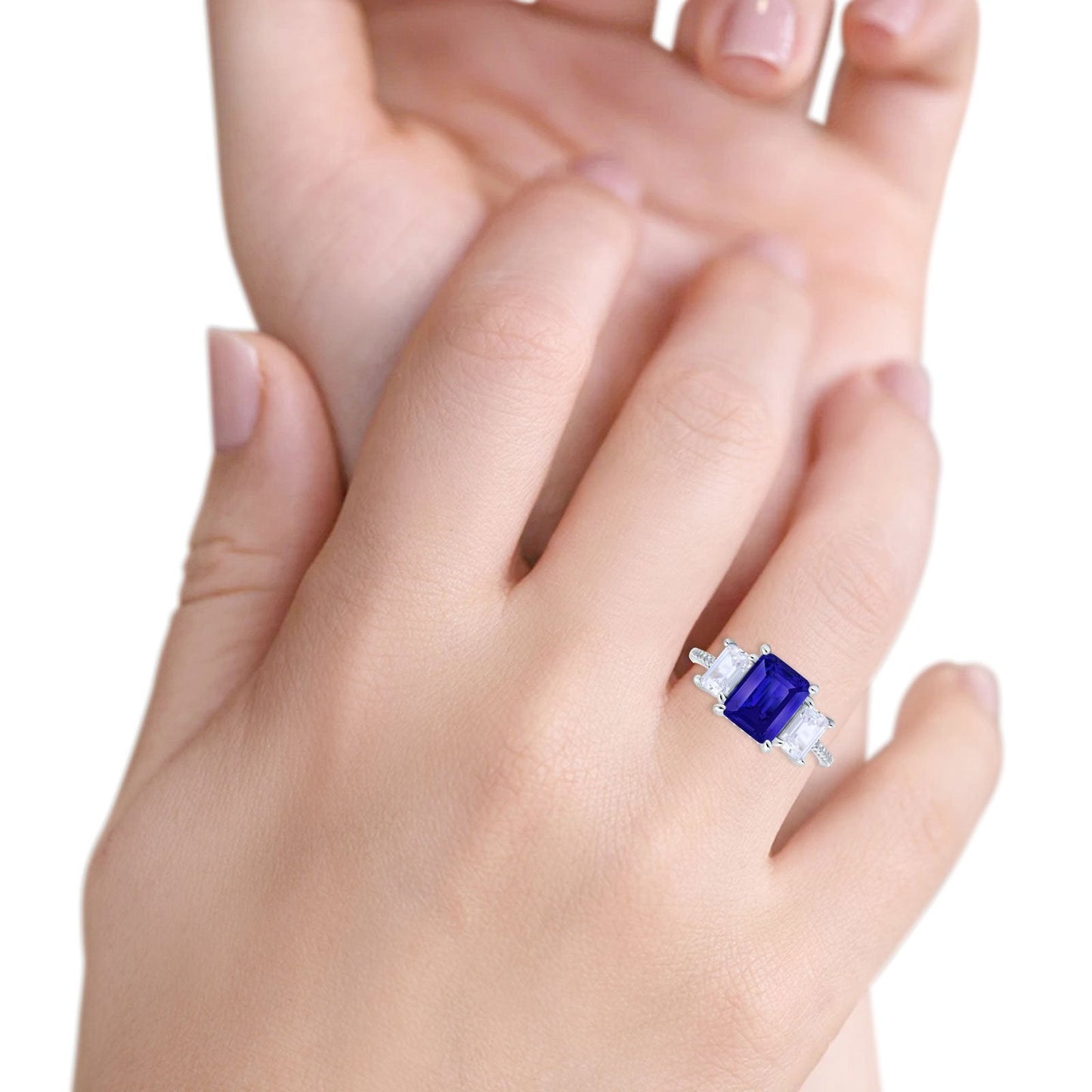 Three Stone Radiant Cut Wedding Ring Simulated Blue Sapphire CZ