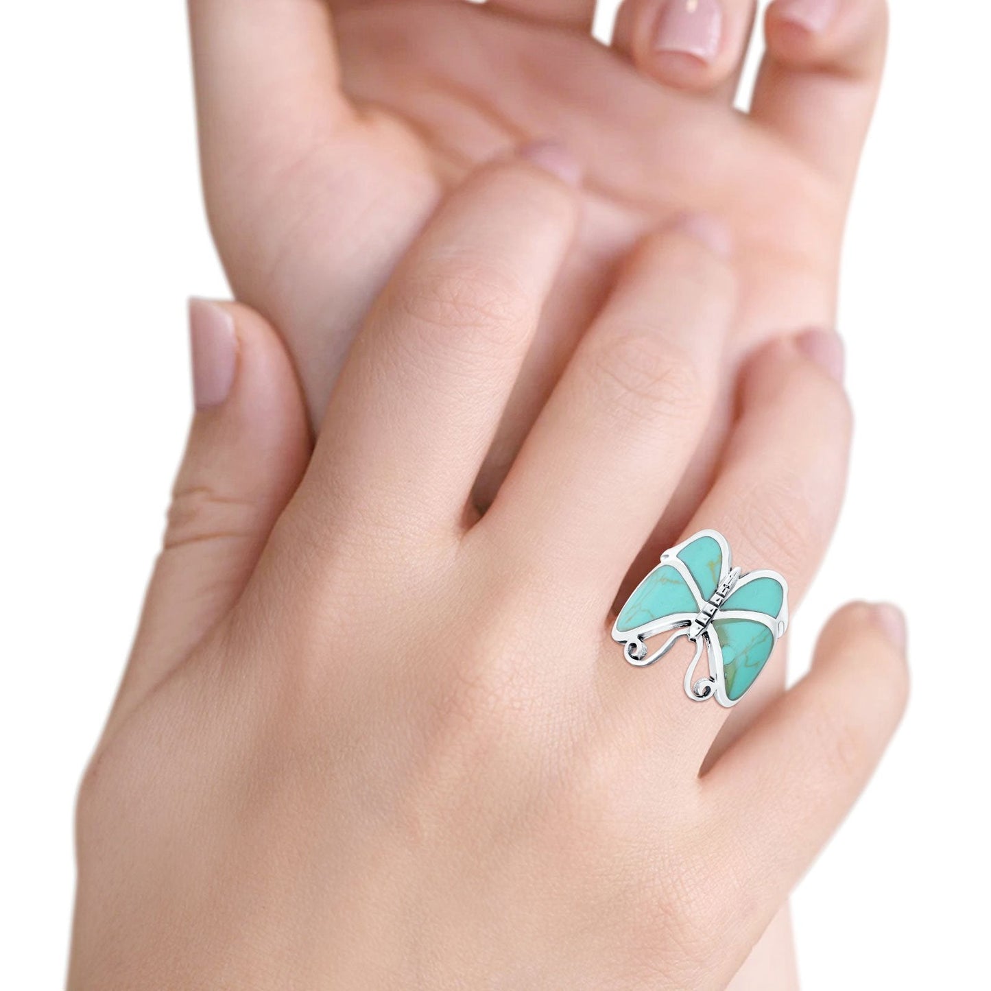 Butterfly Band Oxidized Thumb Ring Simulated Turquoise CZ