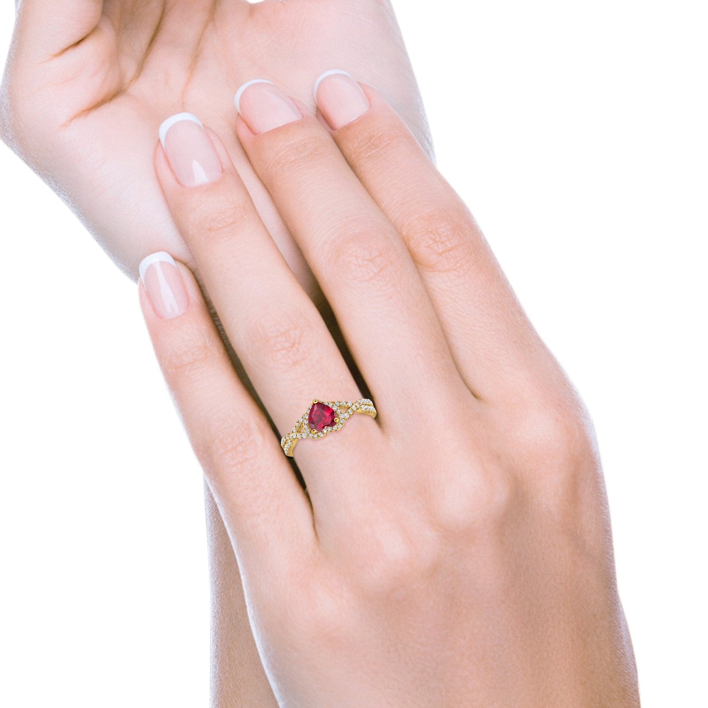 Heart Infinity Shank Yellow Tone, Simulated Ruby CZ Promise Ring